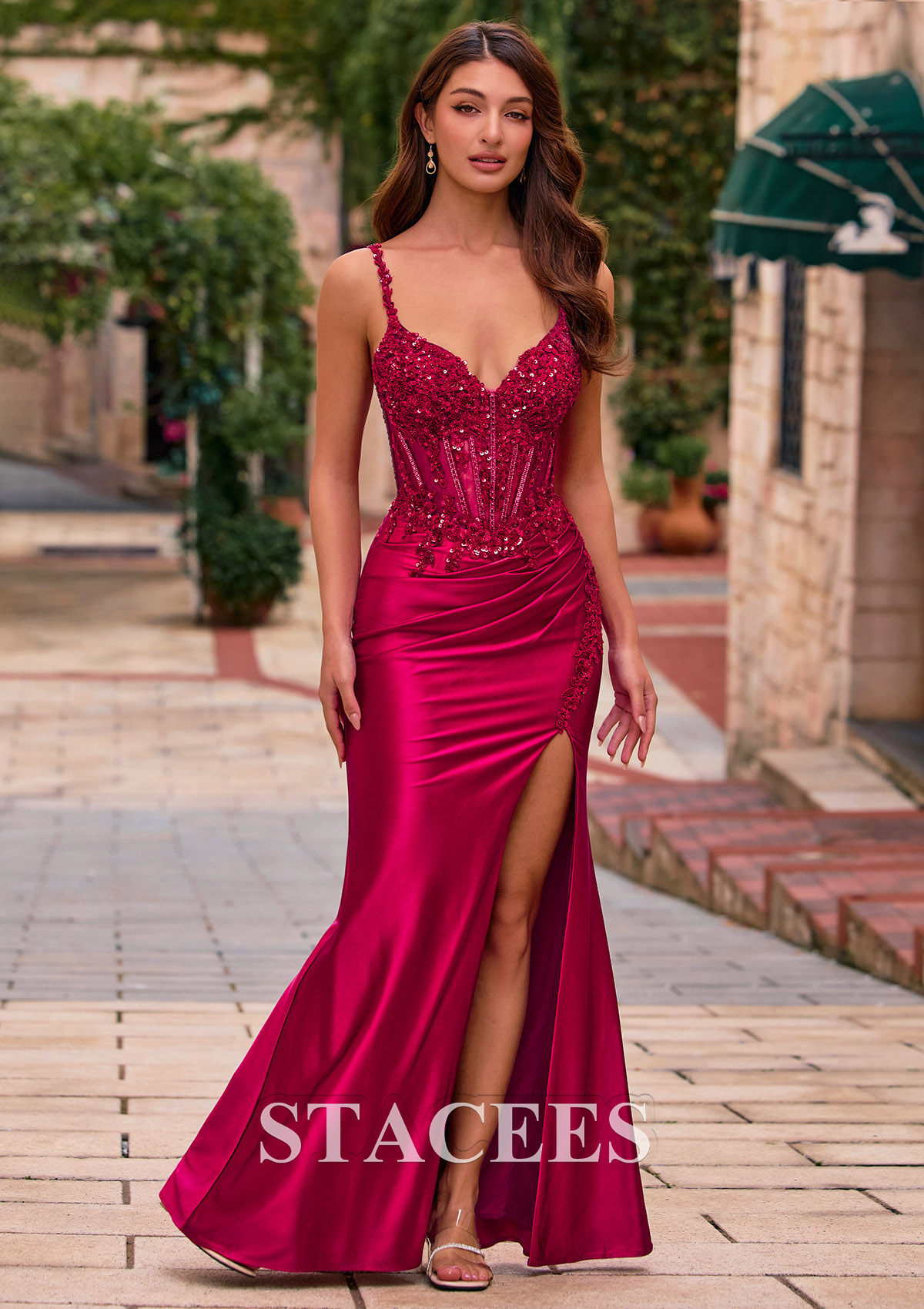 Burgundy Sheath V-Neck Embellished llusion Corset Slit Prom Dress with Spaghetti Straps - STACEES