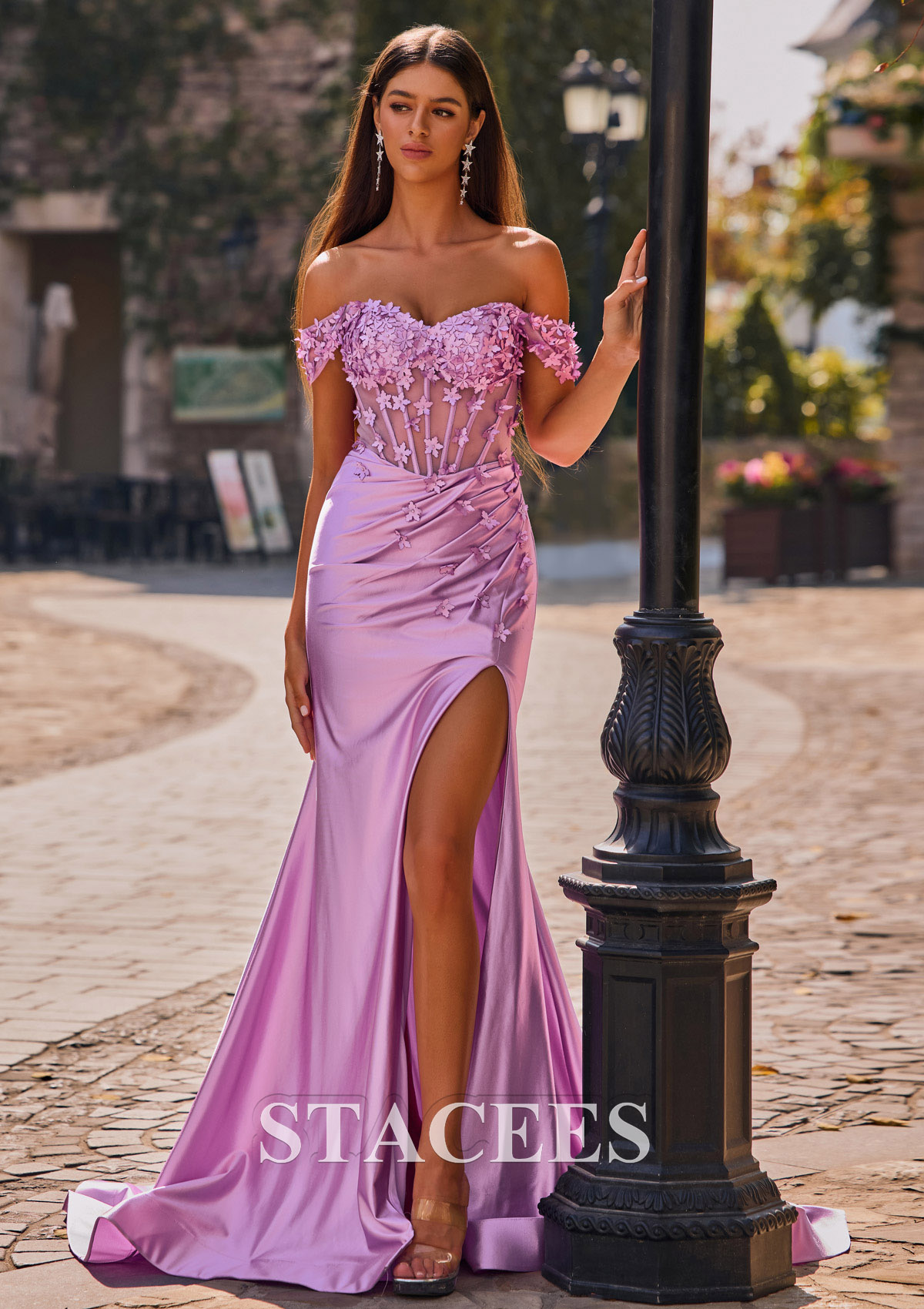 Lilas Trumpette/Sirène épaule dénudée soie comme du satin traîne cour robe de bal  - STACEES