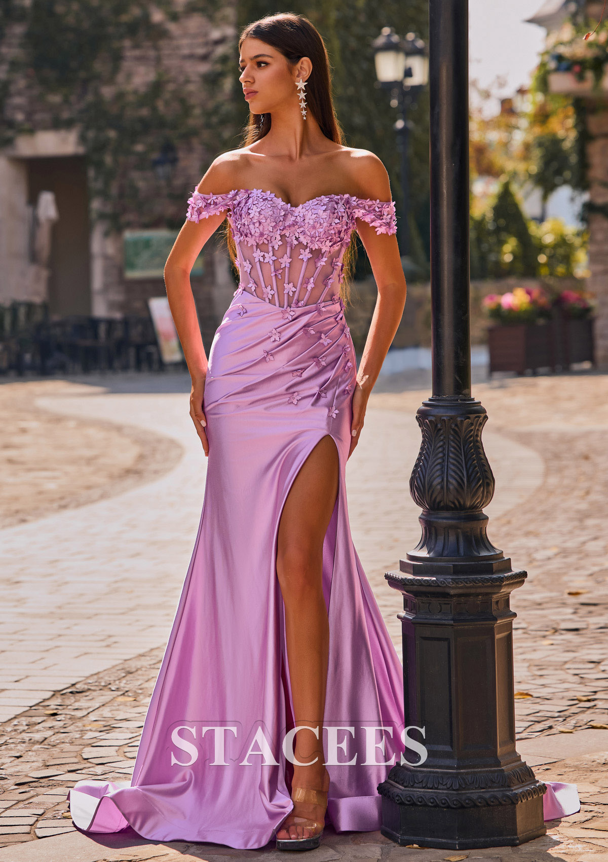 Lilas Trumpette/Sirène épaule dénudée soie comme du satin traîne cour robe de bal  - STACEES