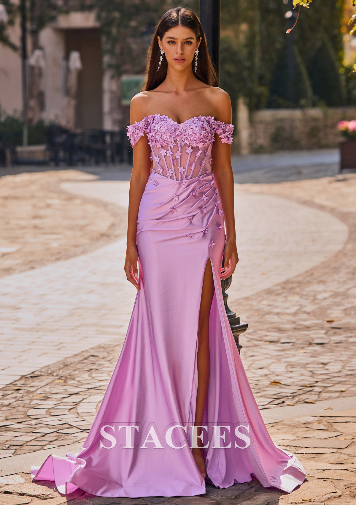Lilas Trumpette/Sirène épaule dénudée soie comme du satin traîne cour robe de bal  - STACEES