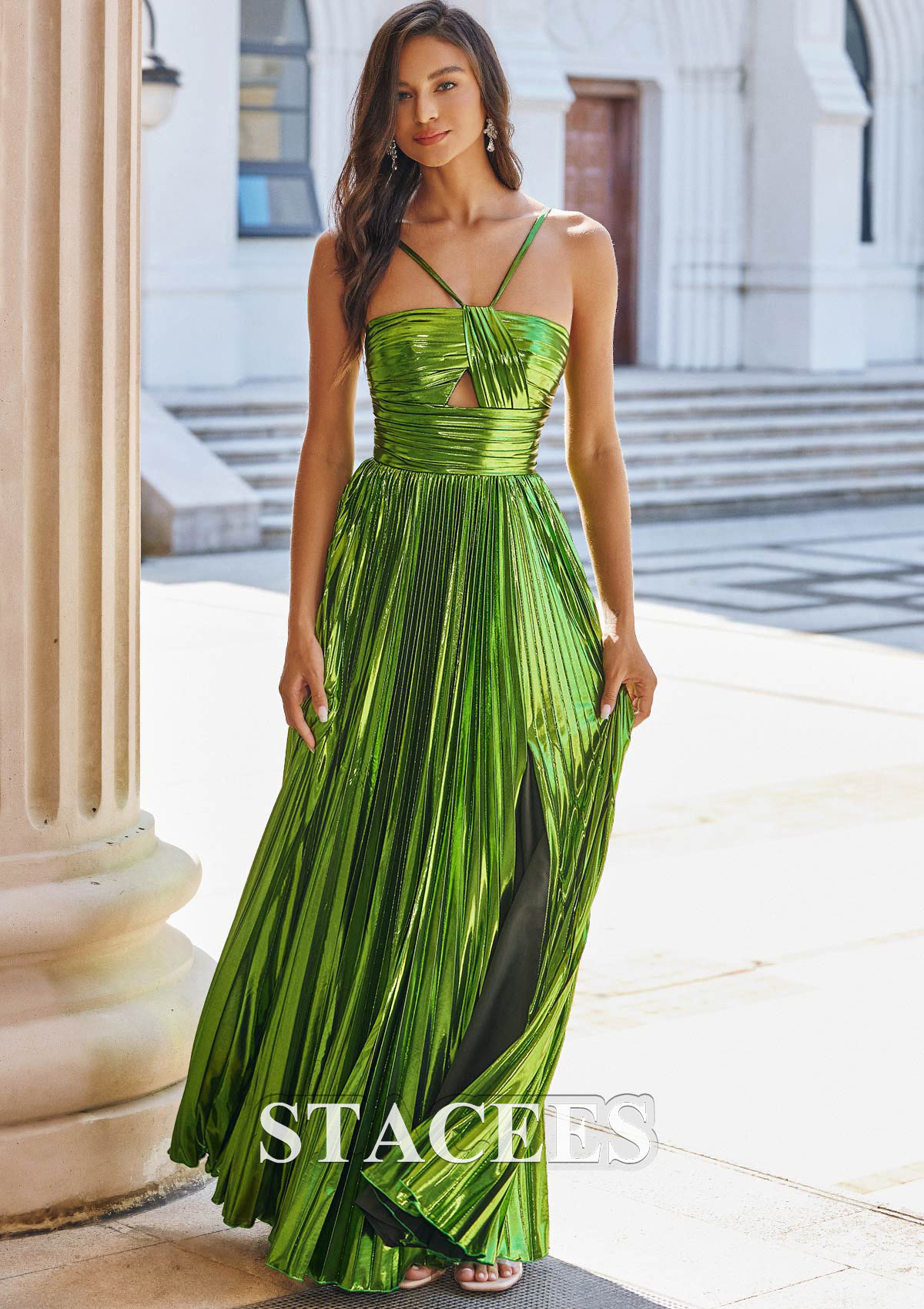 Lime Green A-line Sleeveless Floor-Length Metallic Prom Dress with Pleated Split - STACEES