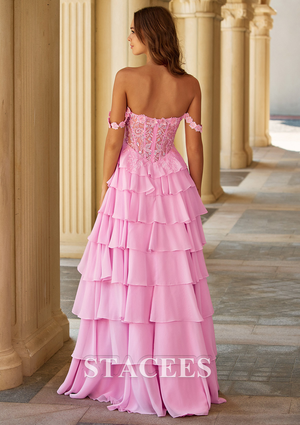 Candy Pink A-line Off-the-Shoulder Tiered Ruffle Prom Dress with Floral Lace Corset - STACEES