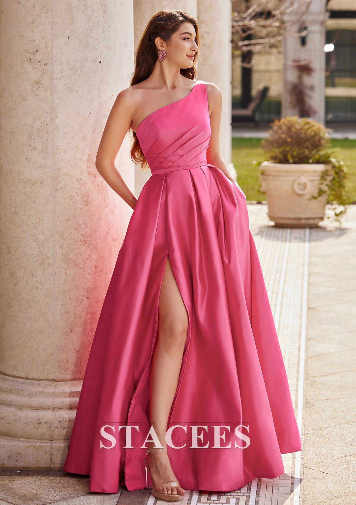 Azalea A-line One-Shoulder Floor-Length Satin Prom Dress with Pleated Pockets Split - STACEES