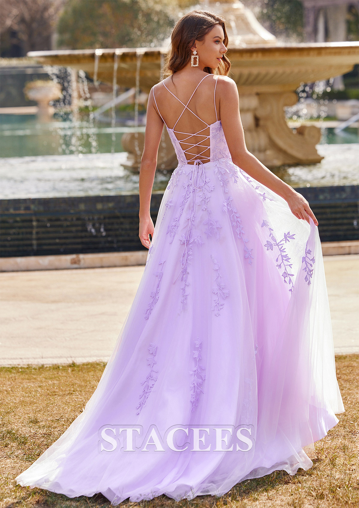 Lilac A-line Princess Square Neckline Sleeveless Sweep Train Tulle Prom Dress with Appliqued - STACEES