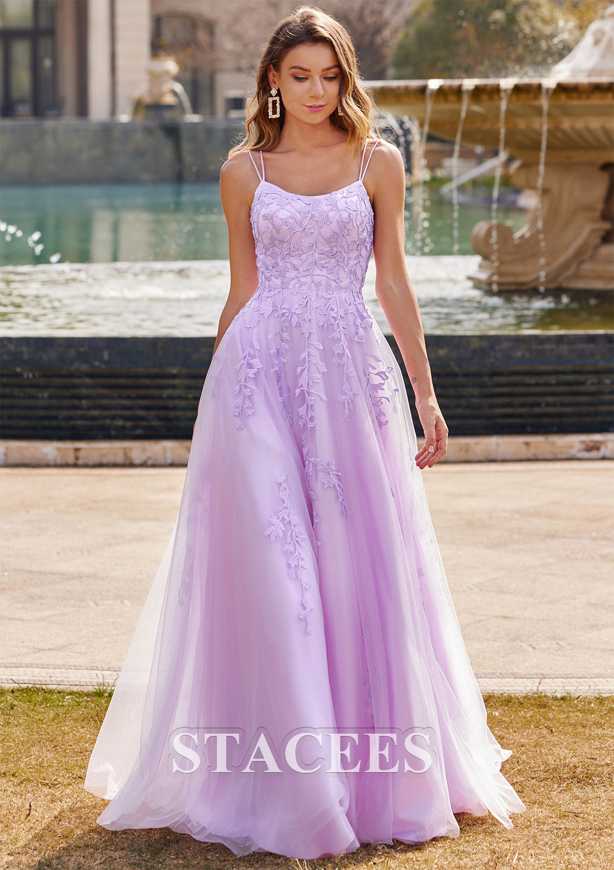 Lilac A-line Princess Square Neckline Sleeveless Sweep Train Tulle Prom Dress with Appliqued - STACEES