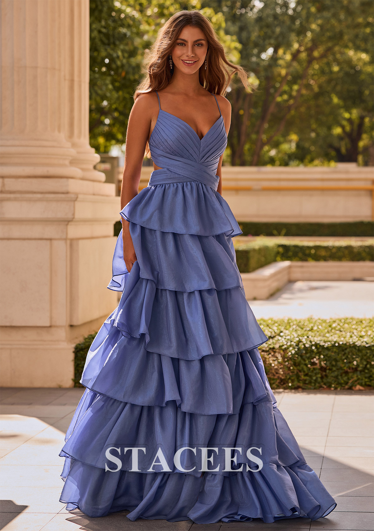 Dusty Blue A-line Straps Glitter Chiffon Tiered Ruffle Slit Prom Dress with Cutout - STACEES