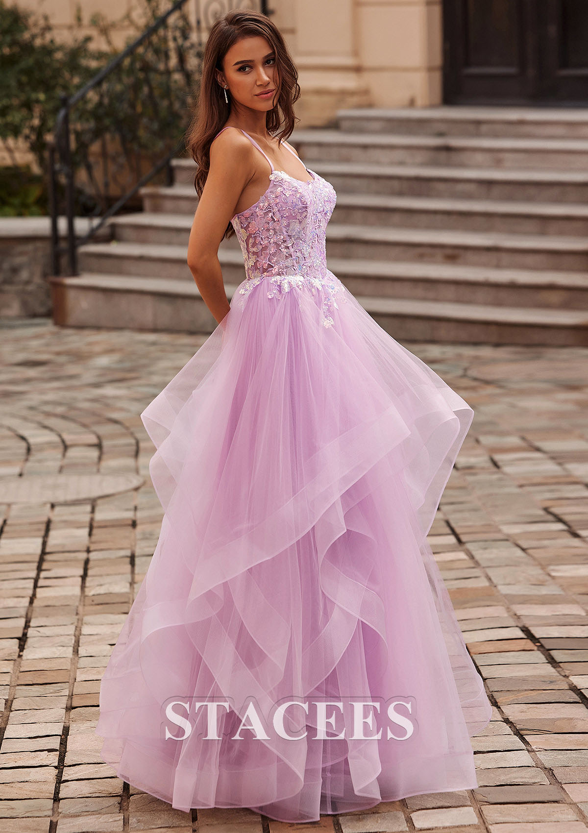 Lilac A-line Scoop Neck Tulle Floor-Length Prom Dress with Appliqued Ruffles Sequins - STACEES