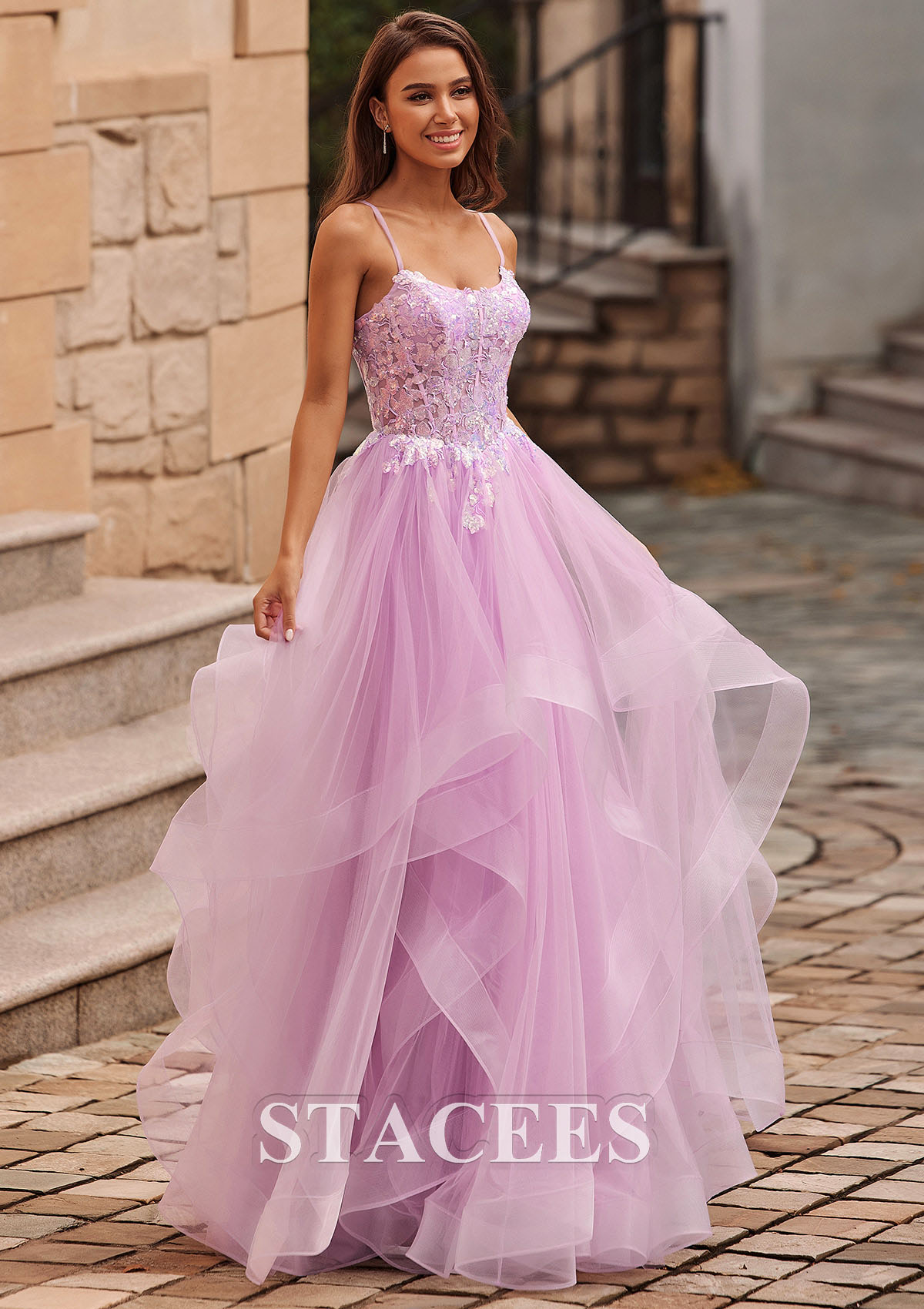Lilac A-line Scoop Neck Tulle Floor-Length Prom Dress with Appliqued Ruffles Sequins - STACEES