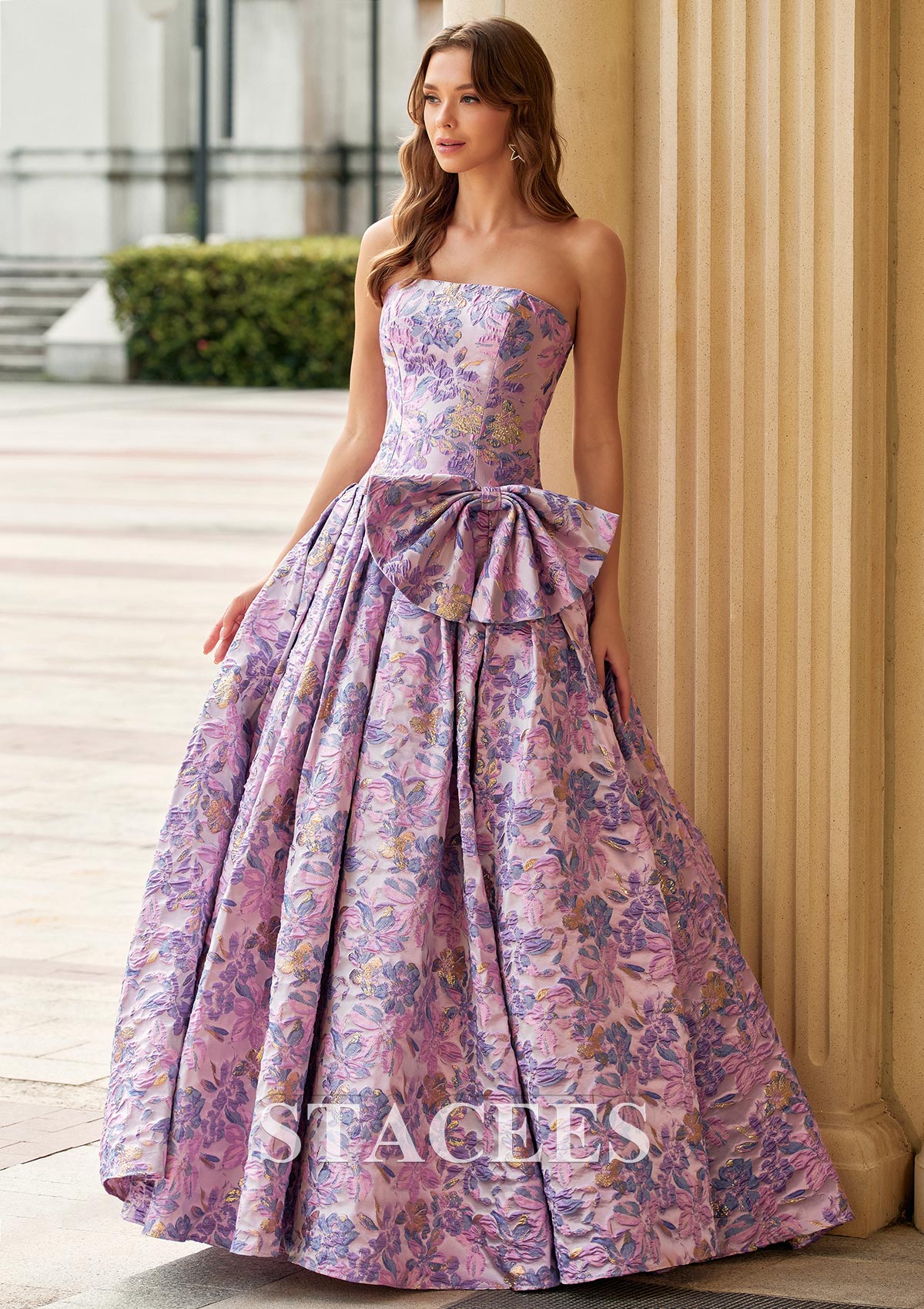Pink Lilac Floral Strapless Metallic Floral Brocade Ball Gown Prom Dress with Side Bow - STACEES