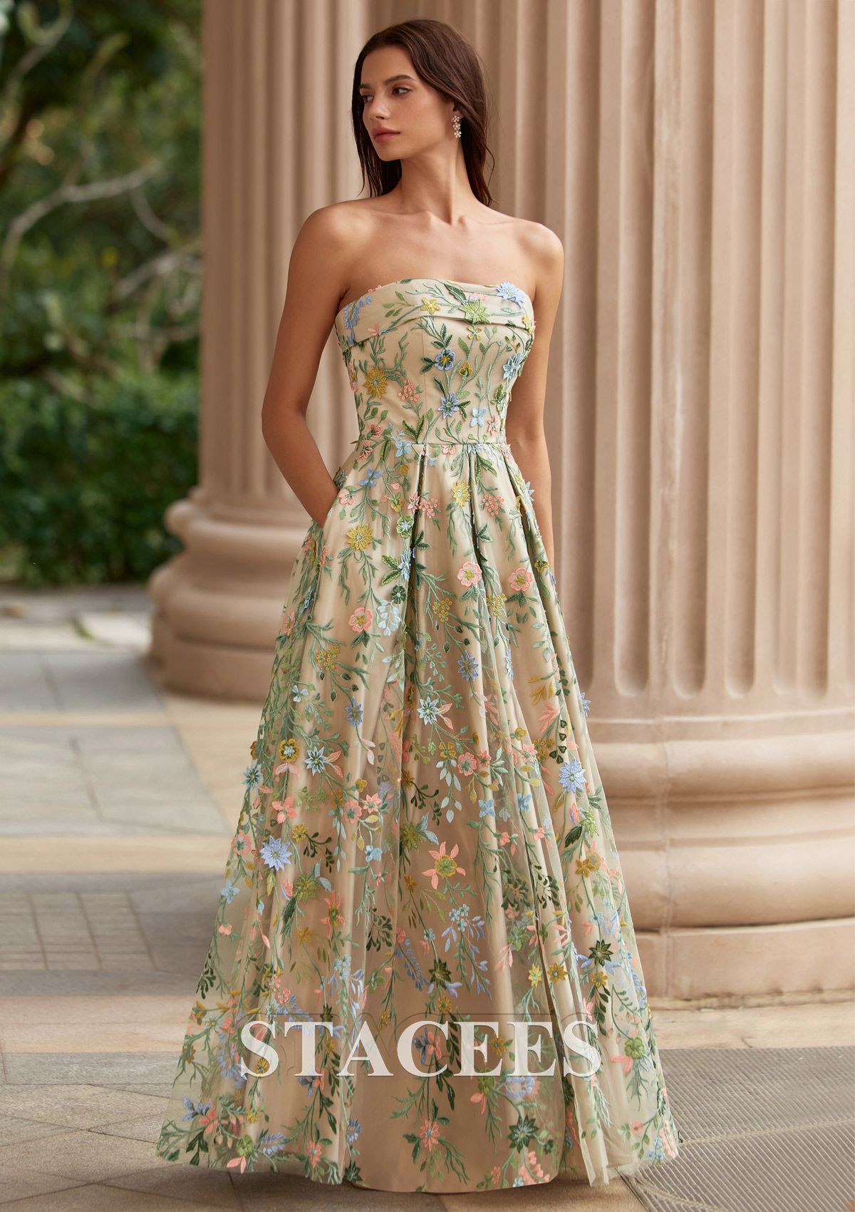 Champagne Floral Trapèze carrée tulle longueur ras du sol robe de bal avec broderie poches - STACEES