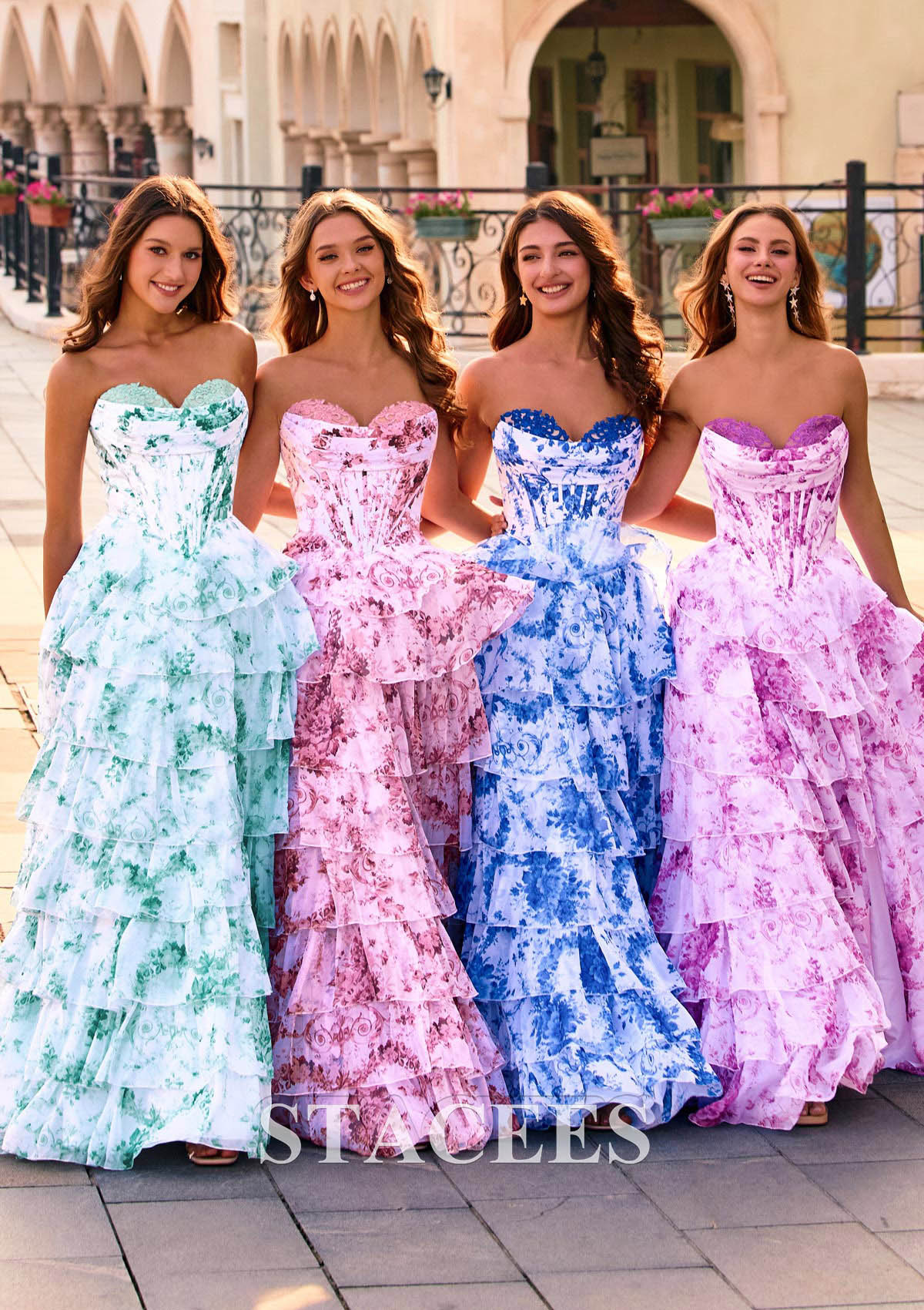 Purple Floral Trapèze cache coeur mousseline traîne balayage robe de bal avec appliqué plissé volants - STACEES