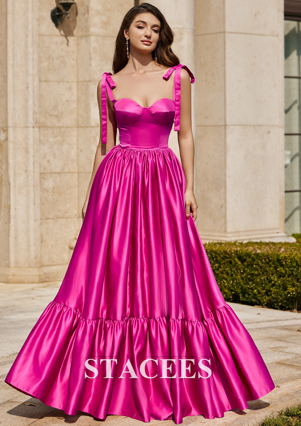 Fuchsia Trapèze cache coeur satin ras du sol robe de bal - STACEES