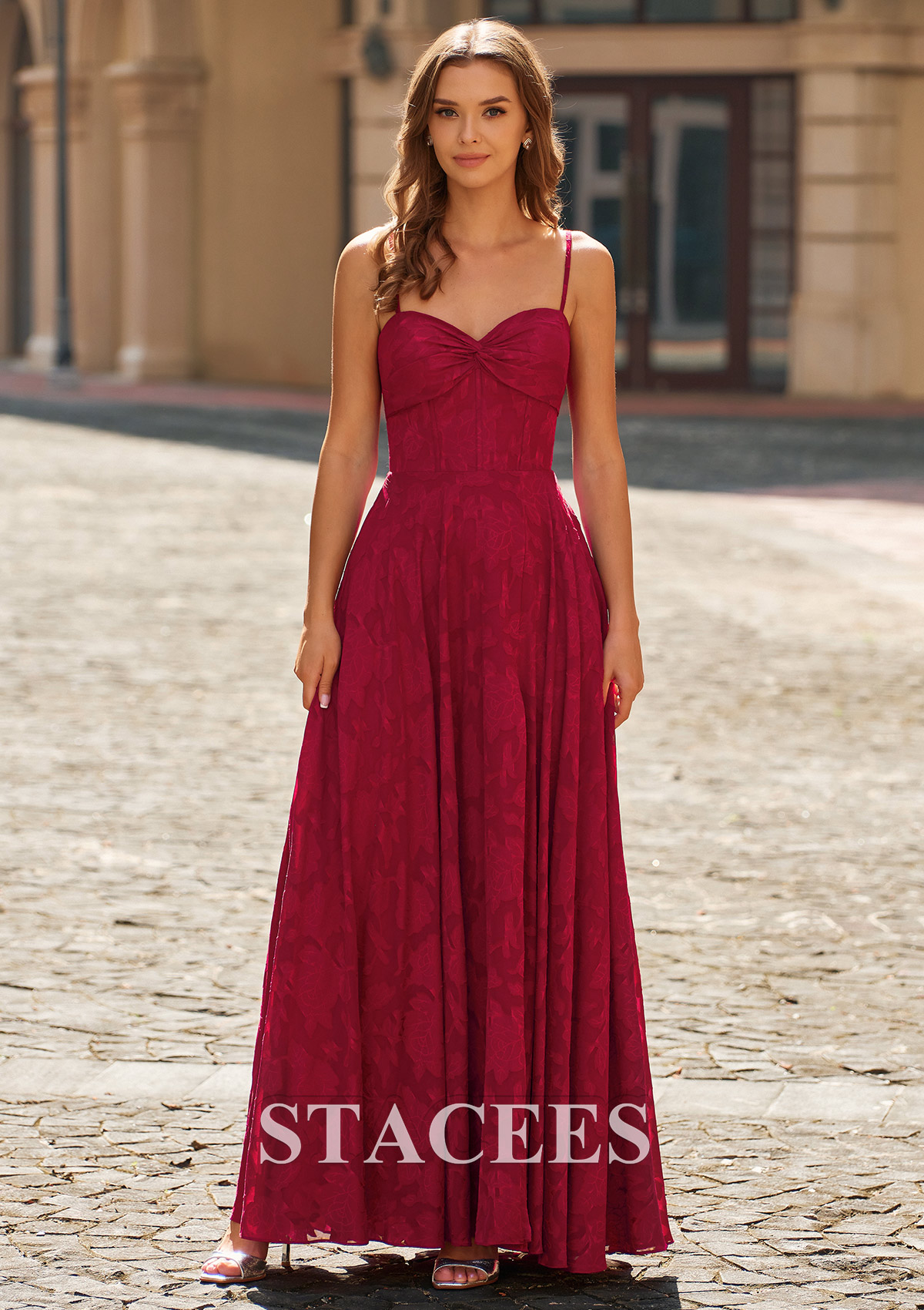 Burgundy A-line Spaghetti Strap Jacquard Prom Dress with Ruched Bodice Slit - STACEES