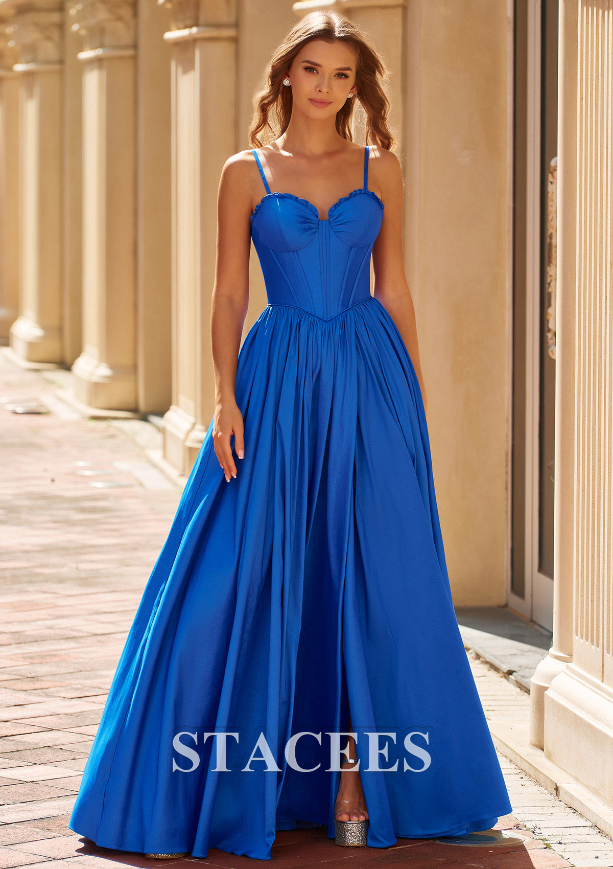 Bleu Royal Trapèze cache coeur taffetas longueur ras du sol robe de bal avec plissé - STACEES