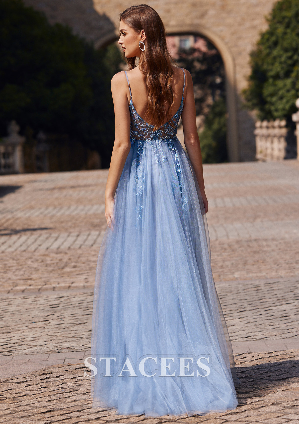 Dusty Blue Vestido línea a escote en v tul barrer tren vestido de graduacion - STACEES