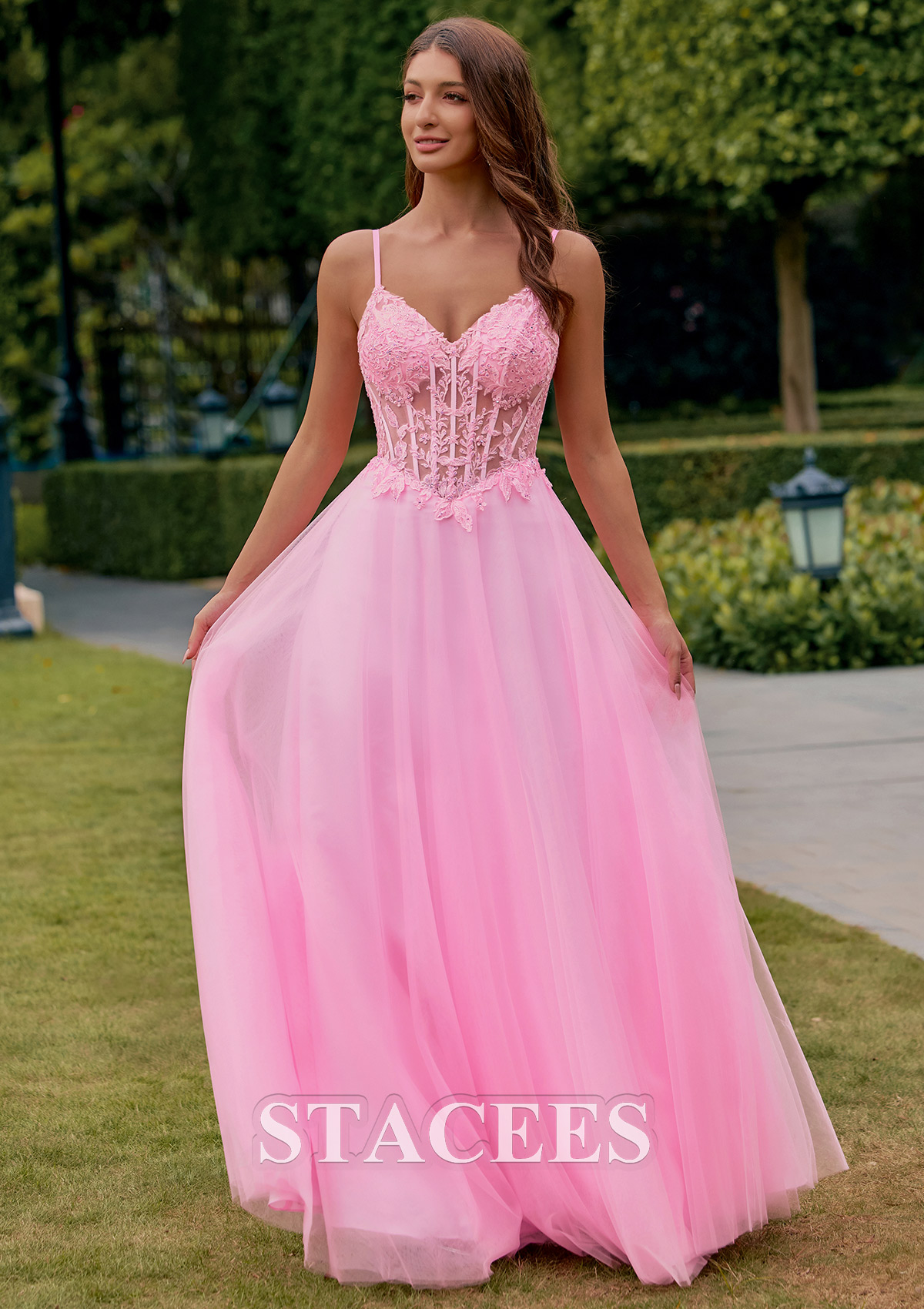 Candy Pink A-line V Neck Tulle Floor-Length Prom Dress with Lace Applique Corset Bodice - STACEES