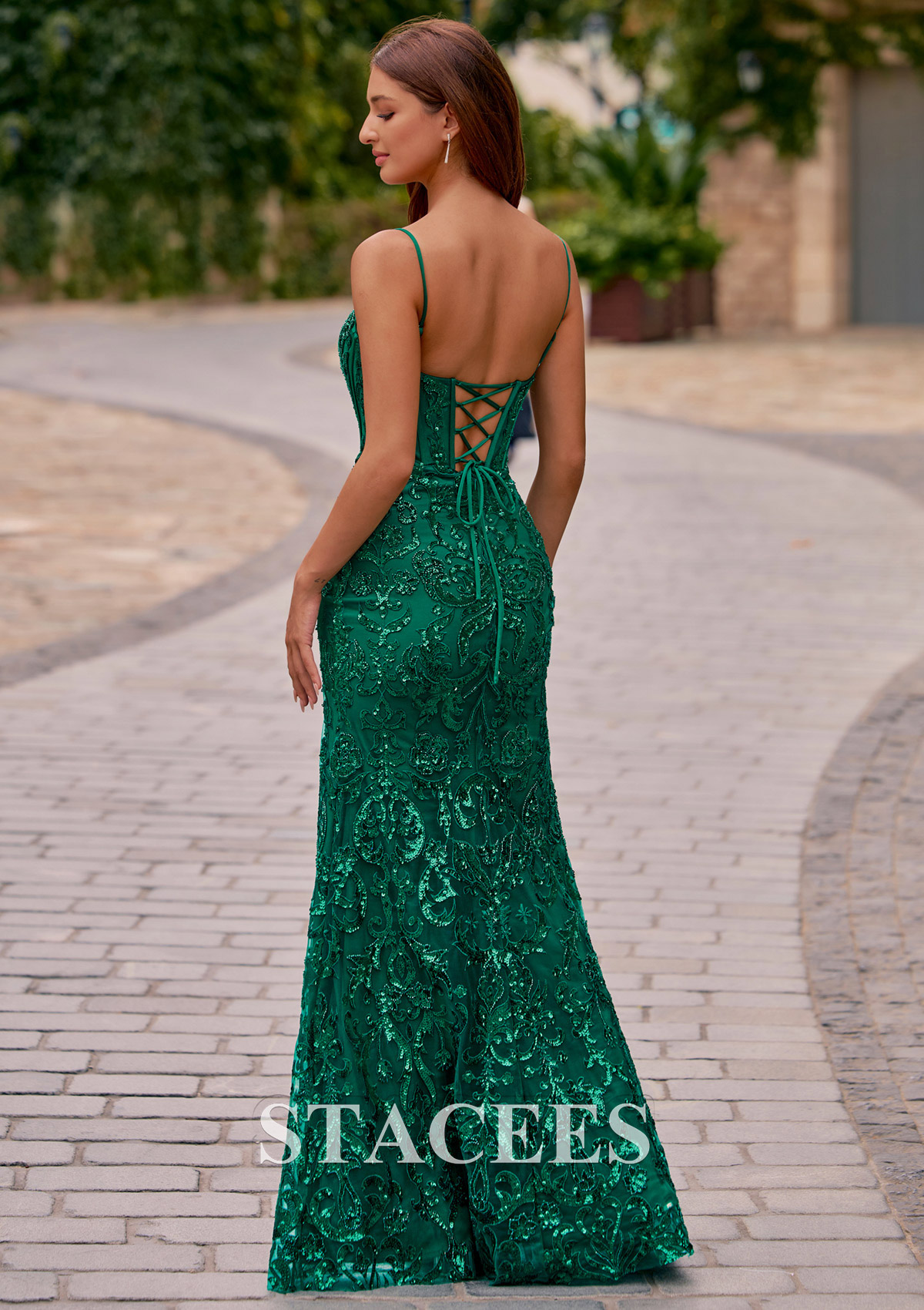 Dark Green Fitted Sparkly Sequin Lace Corset Prom Dress with Spaghetti Straps and High Slit  - STACEES