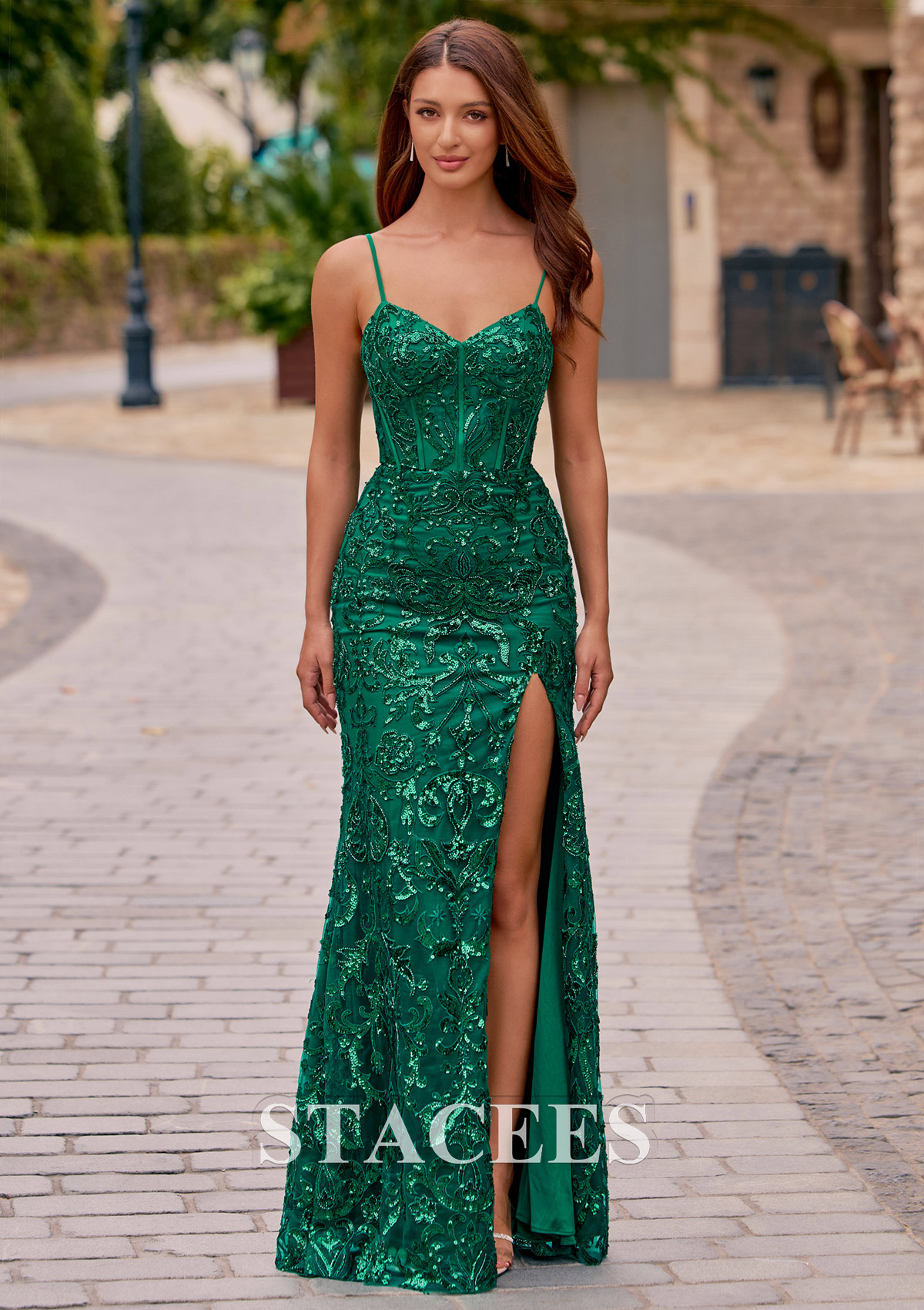 sparkly corset prom dress Fitted Sequin Lace with Spaghetti Straps and High Slit S8944P - Prom Dresses Colour:White/Taupe SN:D-2192-H Greek Blue Dress Ball gown Length;built in bra