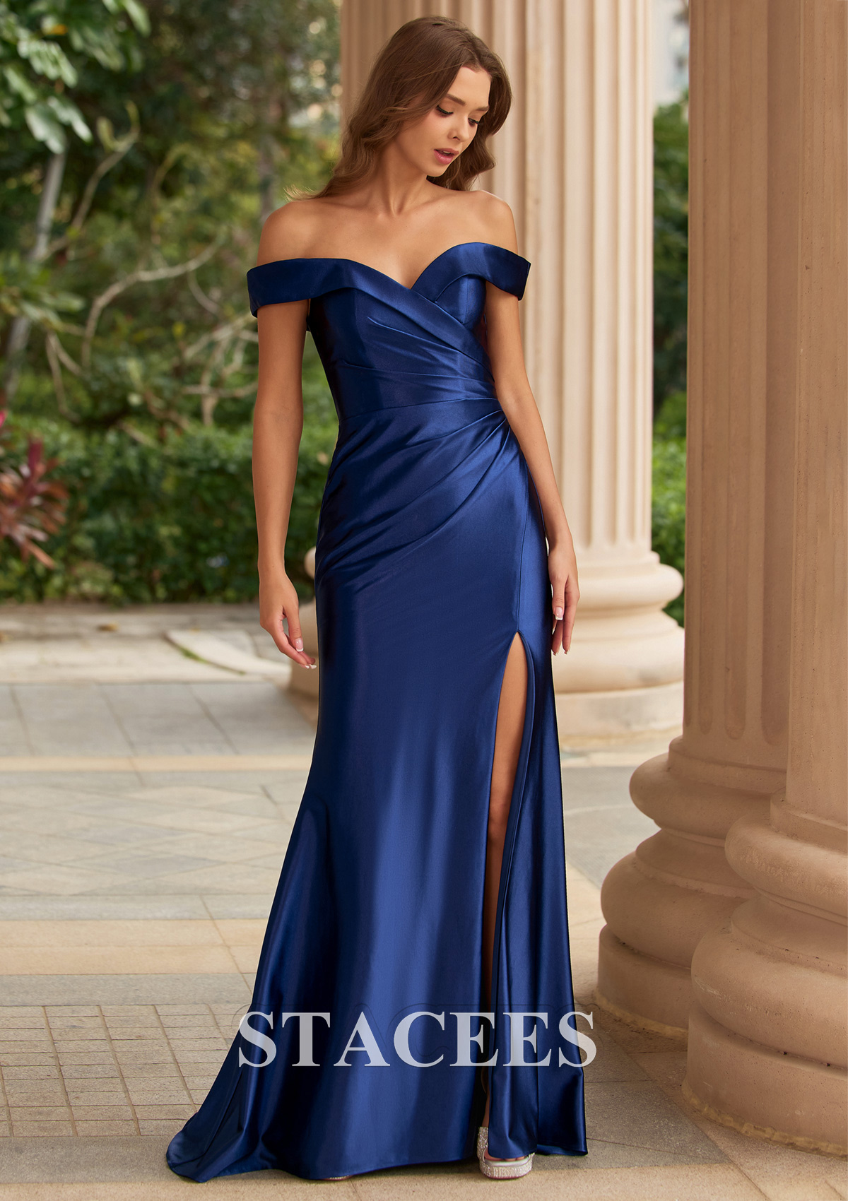 Navy Blue Elegant Off-Shoulder Ruched Corset Silk like Satin Prom Dress with High Slit - STACEES