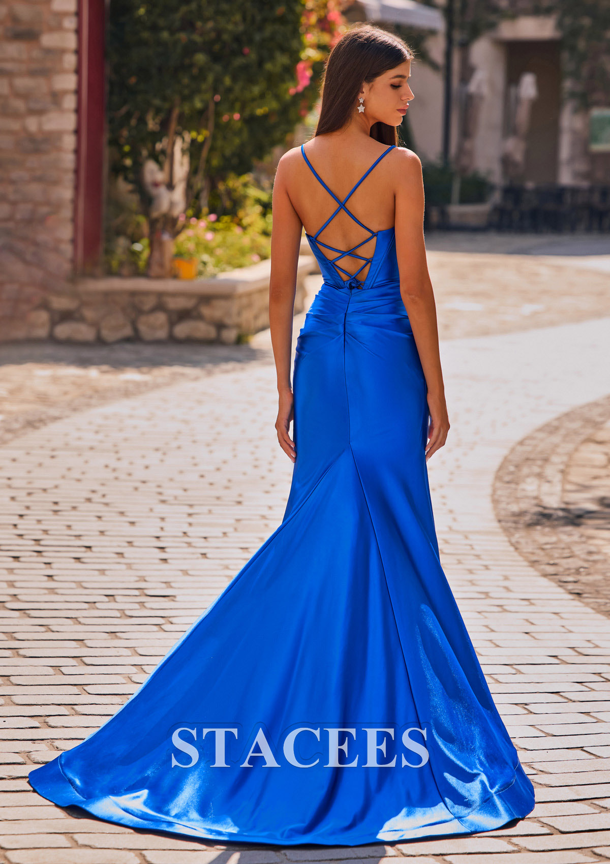 Bleu Océan Trumpette/Sirène cache coeur soie comme du satin traîne balayage robe de bal  - STACEES