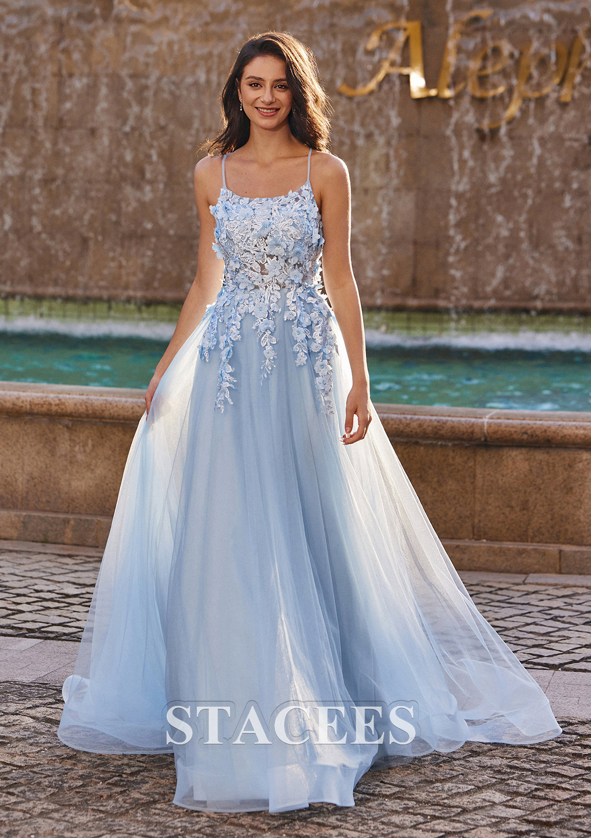 Bleu Ciel Robe trapèze princesse carrée tulle traîne balayage robe de bal - STACEES