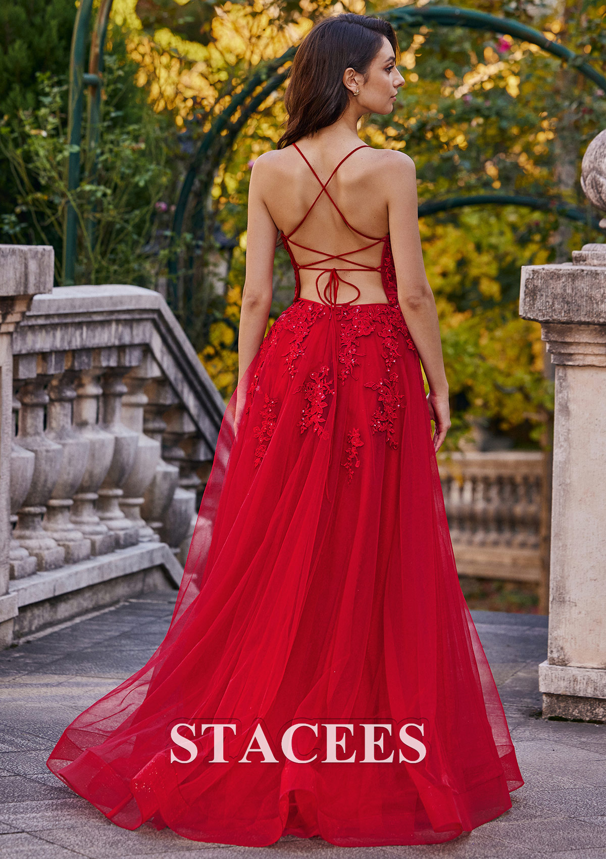 Red A-line Square Neckline Sweep Train Tulle Prom Dress with Appliqued Beading Pockets - STACEES