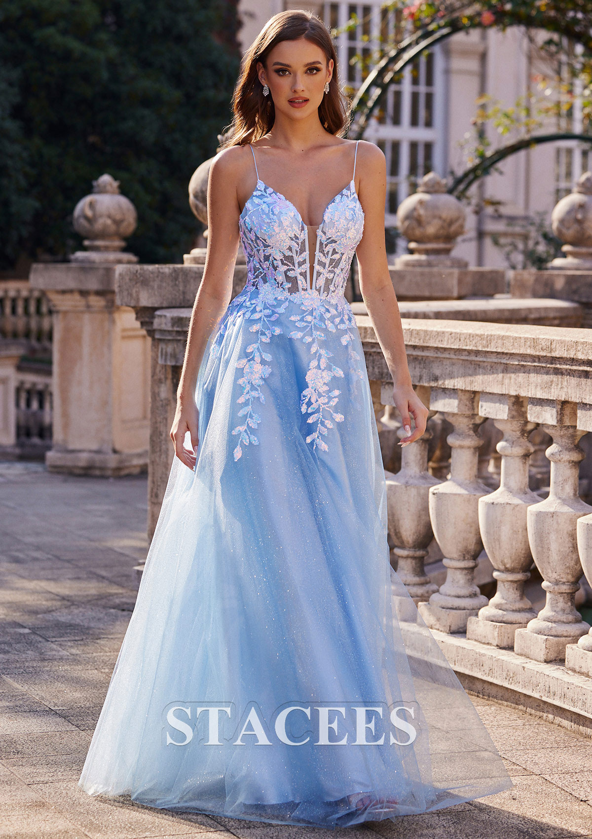 Bleu Ciel Trapèze robe princesse col en v tulle ras du sol robe de bal - STACEES