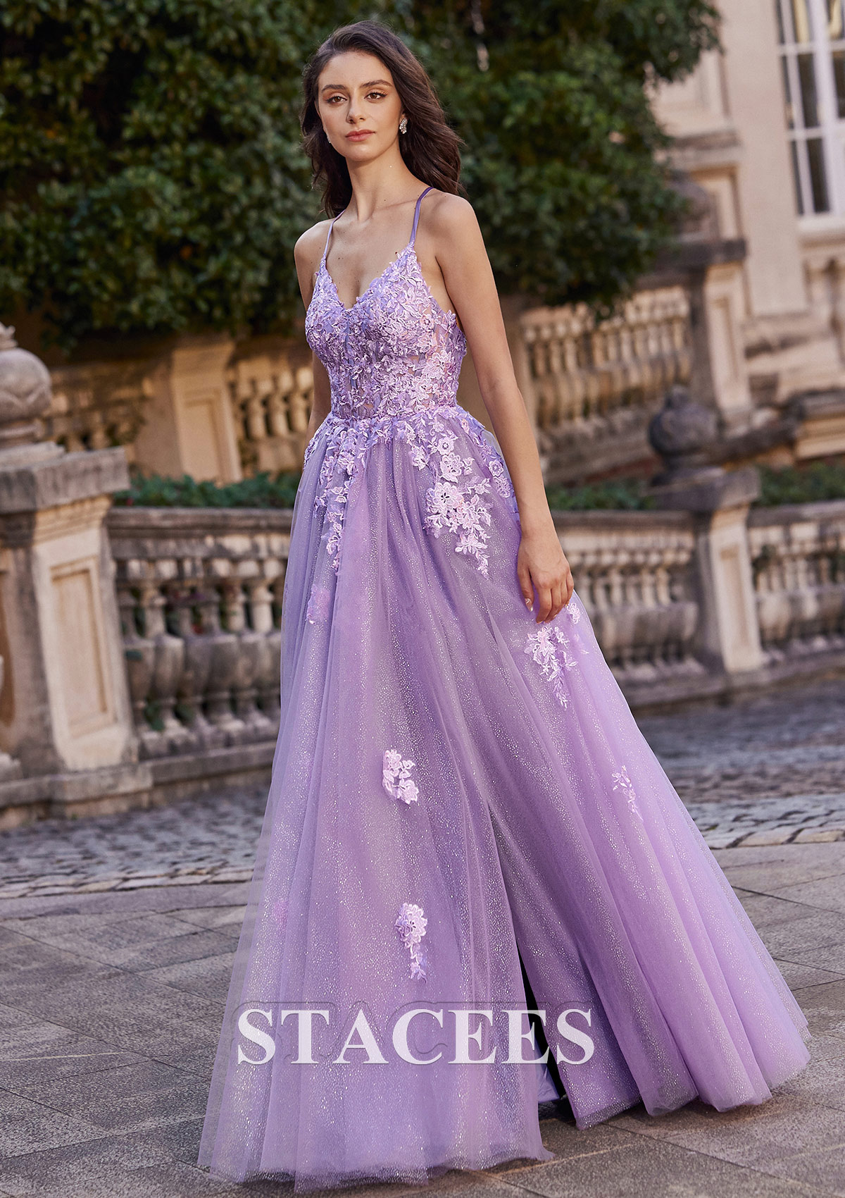 Lilac A-line Princess V Neck Floor-Length Tulle Prom Dress with Glitter Appliqued Beading Split - STACEES