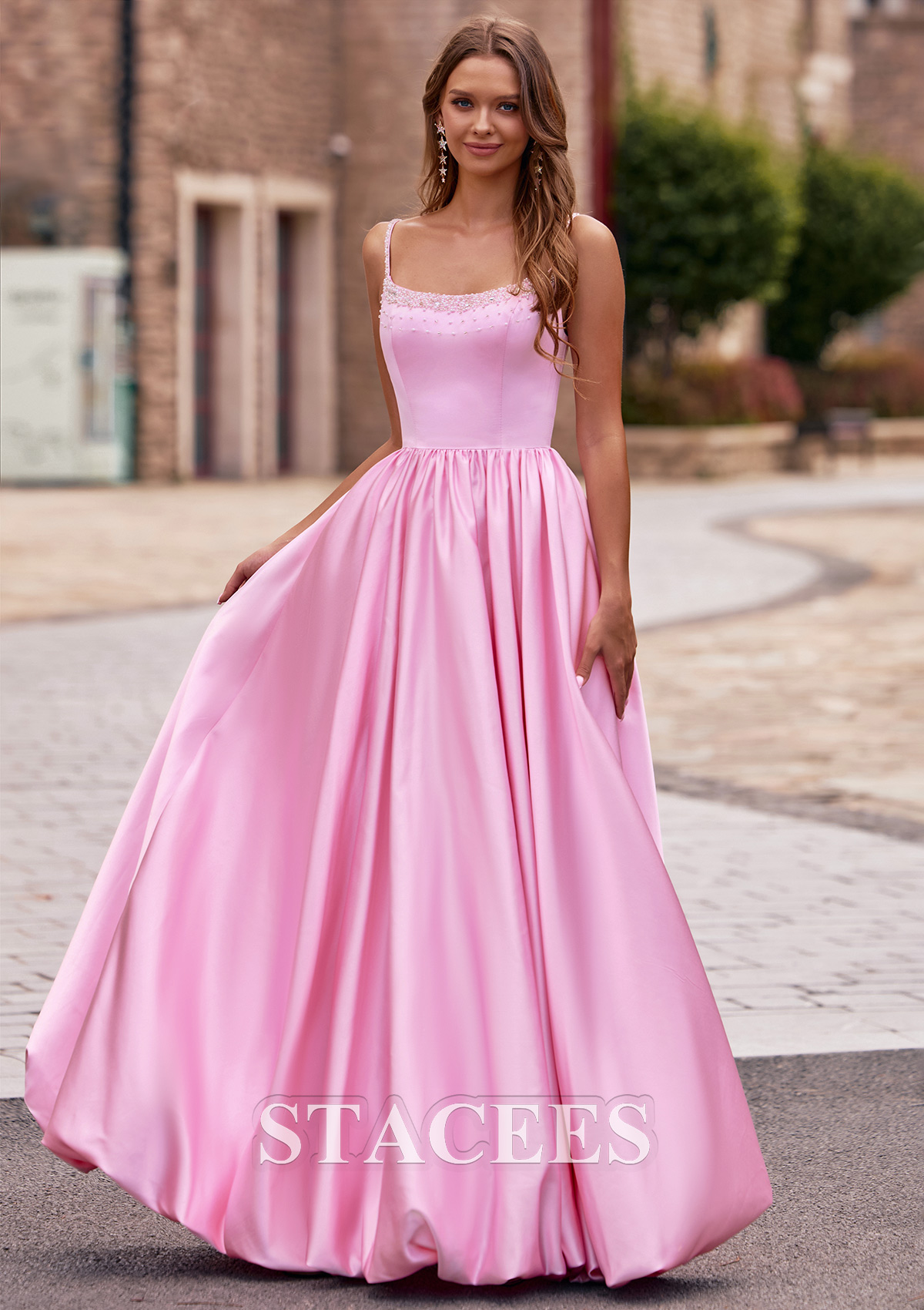 Candy Pink Ball Gown Beads Spaghetti Strap Bodice Bubble Hem Prom Dress with Pockets - STACEES