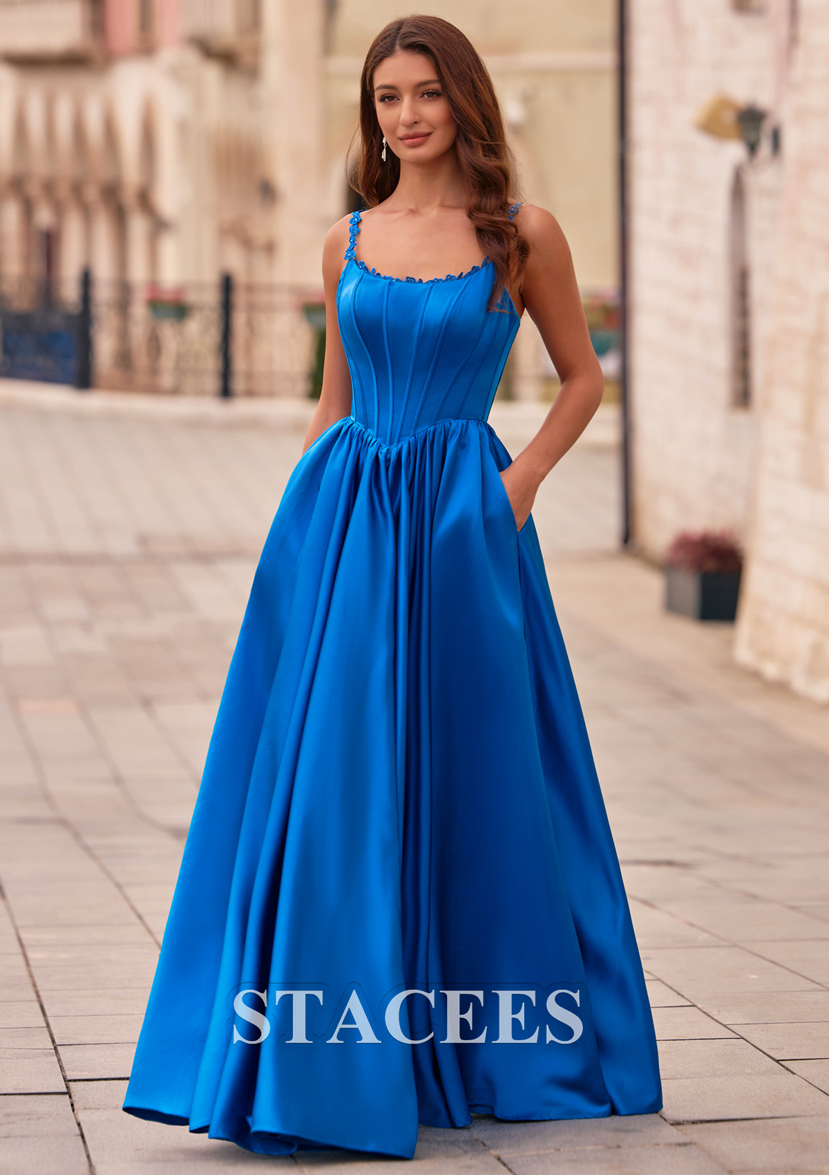 Ocean Blue Lace Spaghetti Straps Corset A-Line Satin Ball Gown Prom Dress with Pockets - STACEES