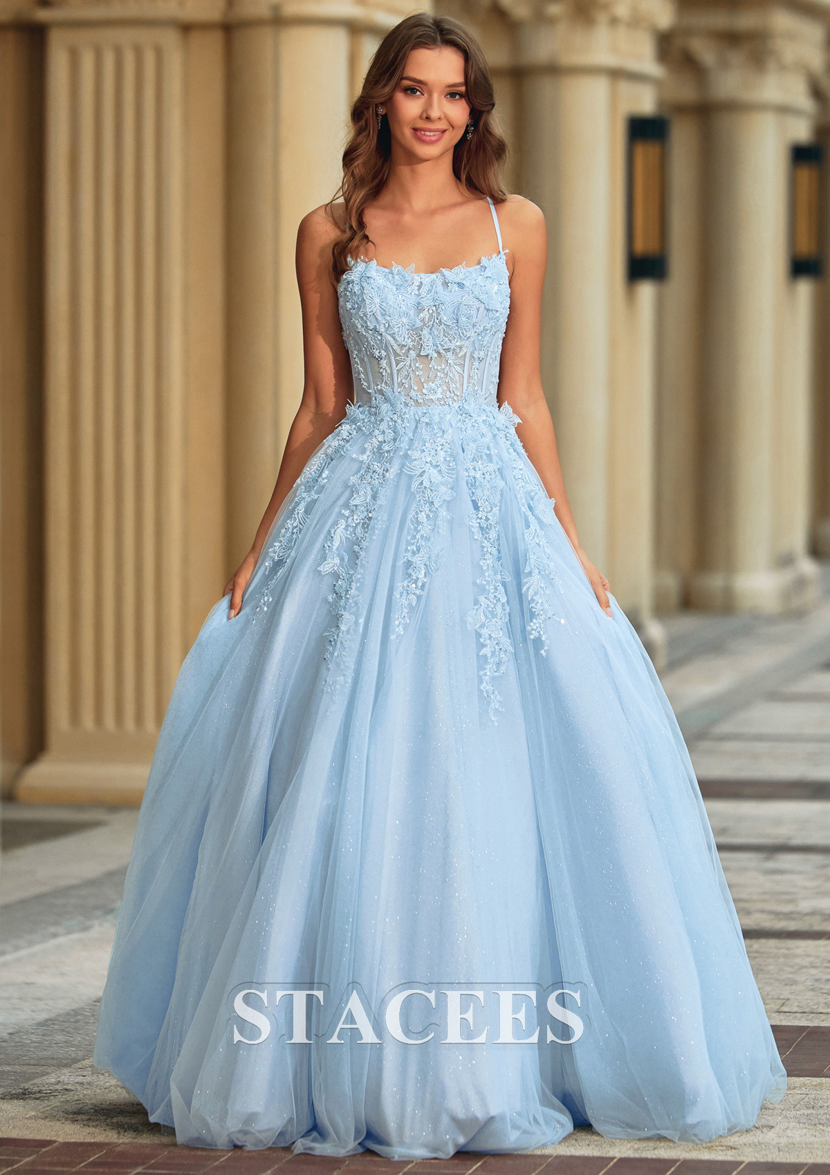 Bleu Ciel Trapèze scoop tulle traîne balayage robe de bal avec perles paillettes papillon - STACEES