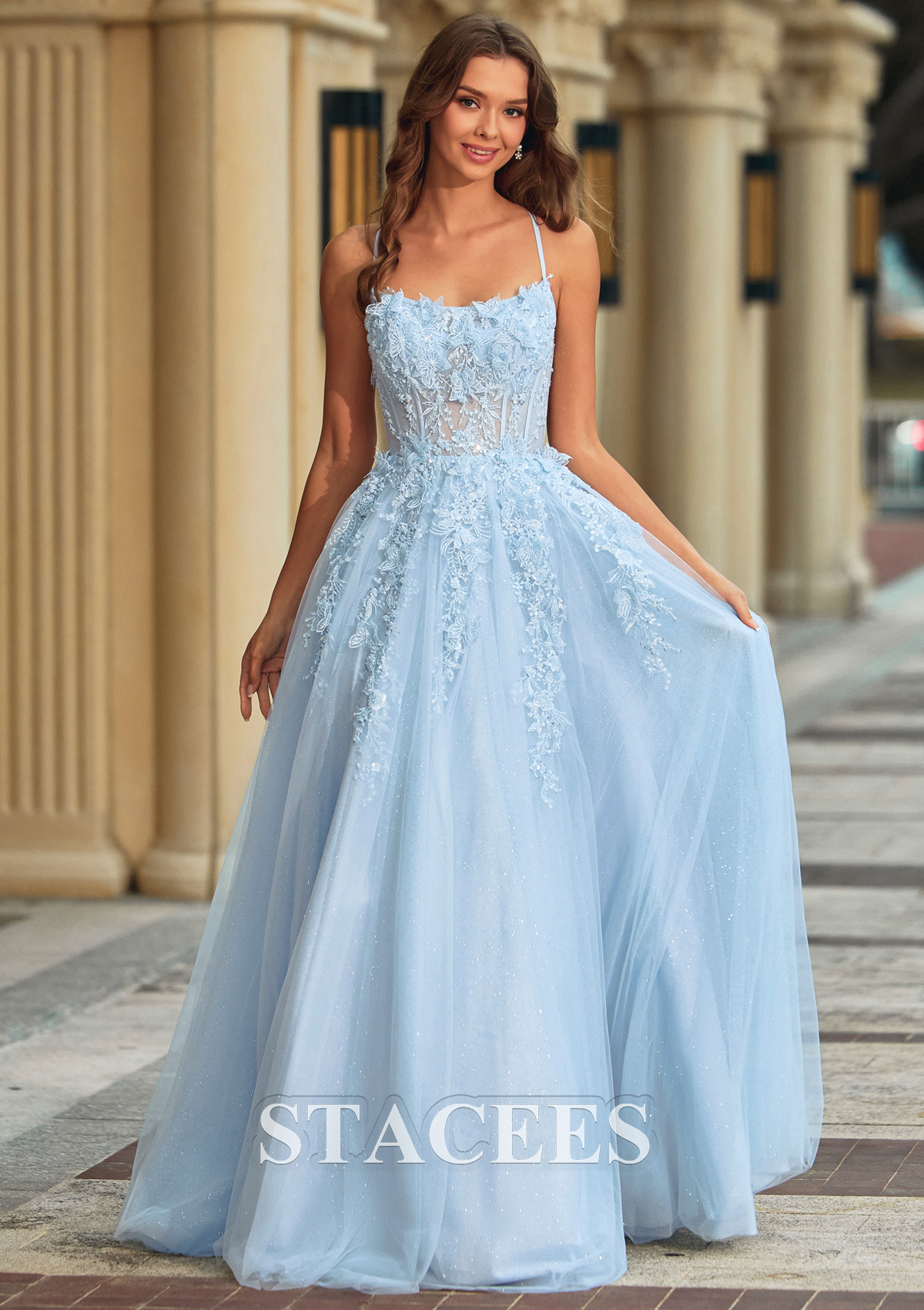 Bleu Ciel Trapèze scoop tulle traîne balayage robe de bal avec perles paillettes papillon - STACEES