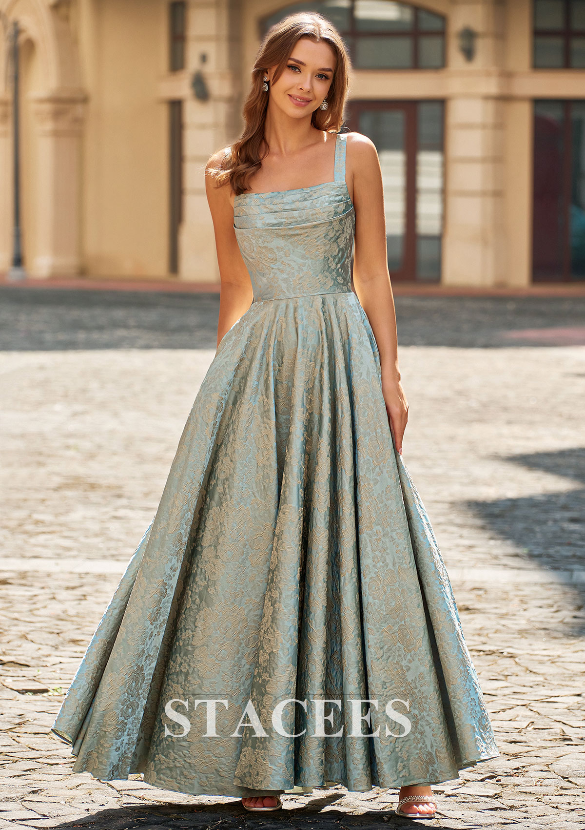 Bleu Clair Trapèze carrée jacquard longueur ras du sol robe de bal avec plissé poches imprimé floral - STACEES