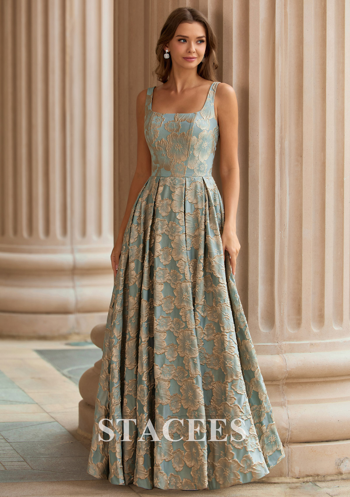 Bleu Clair Trapèze carrée jacquard longueur ras du sol robe de bal avec poches imprimé floral - STACEES