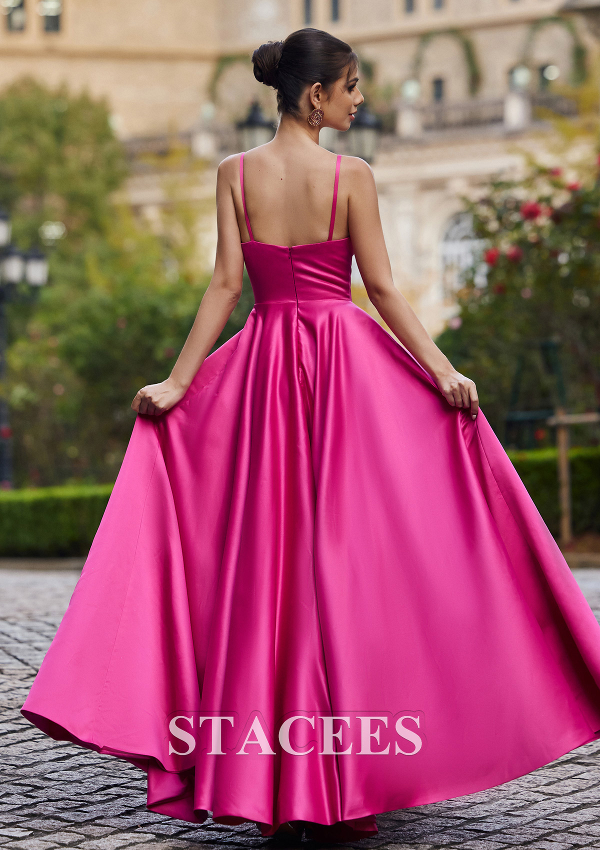 Fuchsia A-line Square Neckline Sleeveless Floor-Length Satin Prom Dress with Pockets Split - STACEES