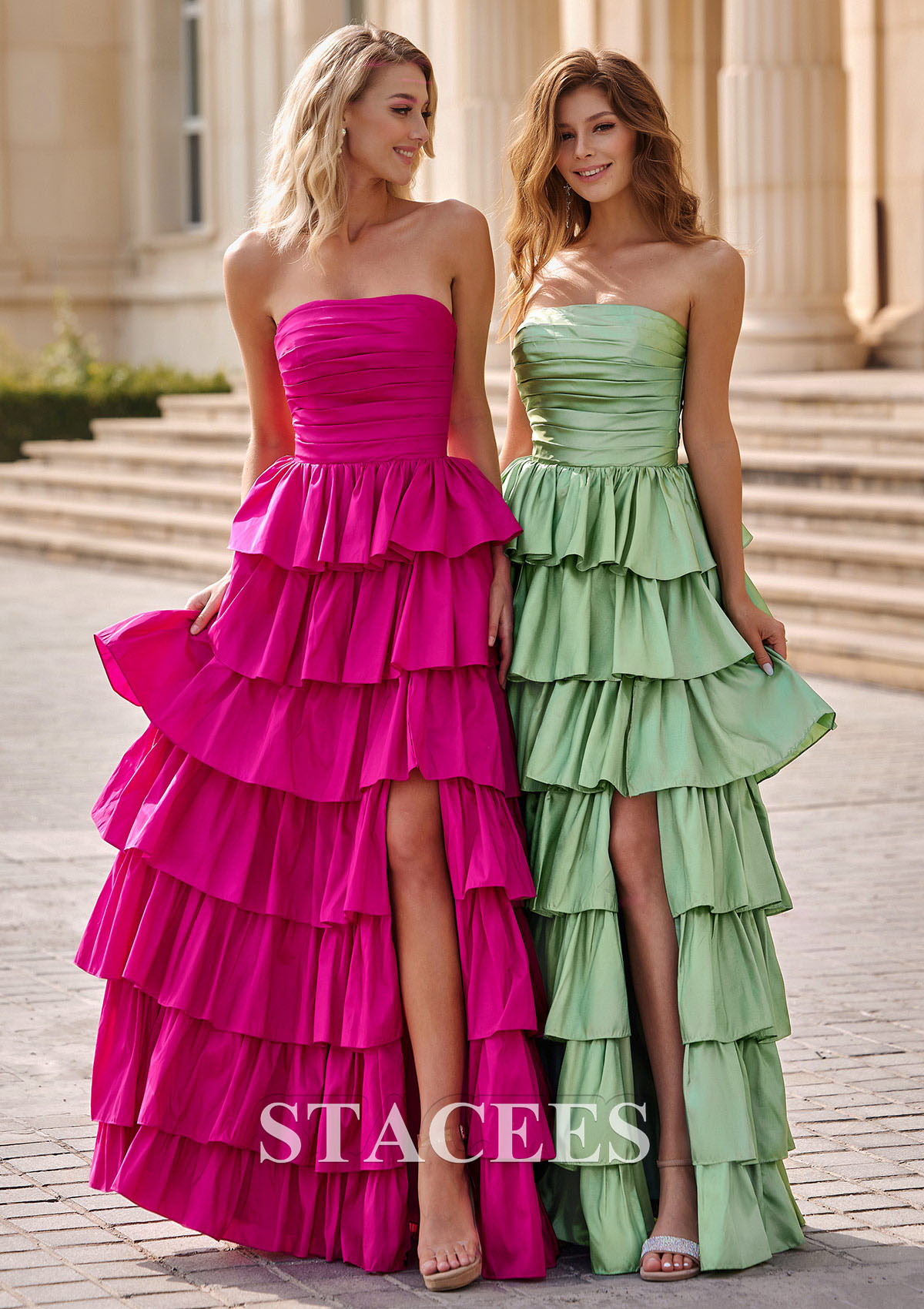 Sage A-line Pleated Strapless Ruffled Floor-Length Taffeta Prom Dress - STACEES
