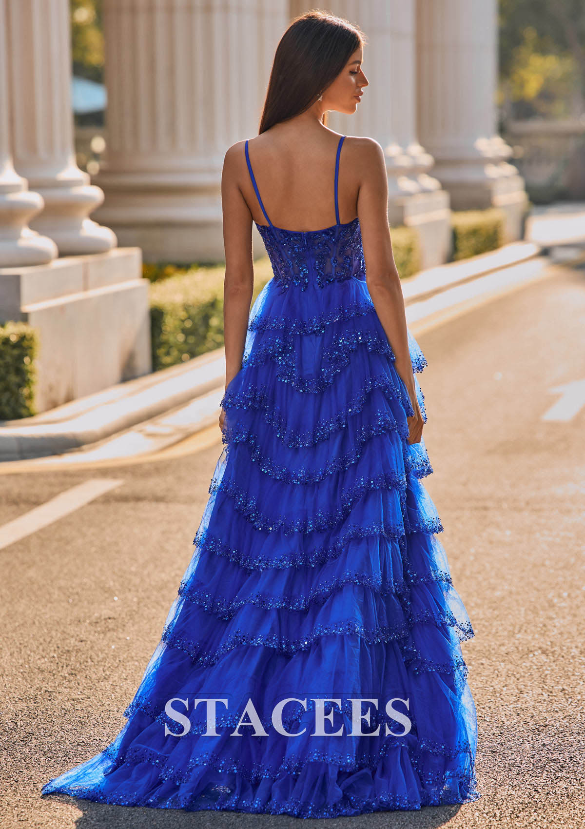 Bleu Océan Trapèze carrée tulle traîne balayage robe de bal - STACEES