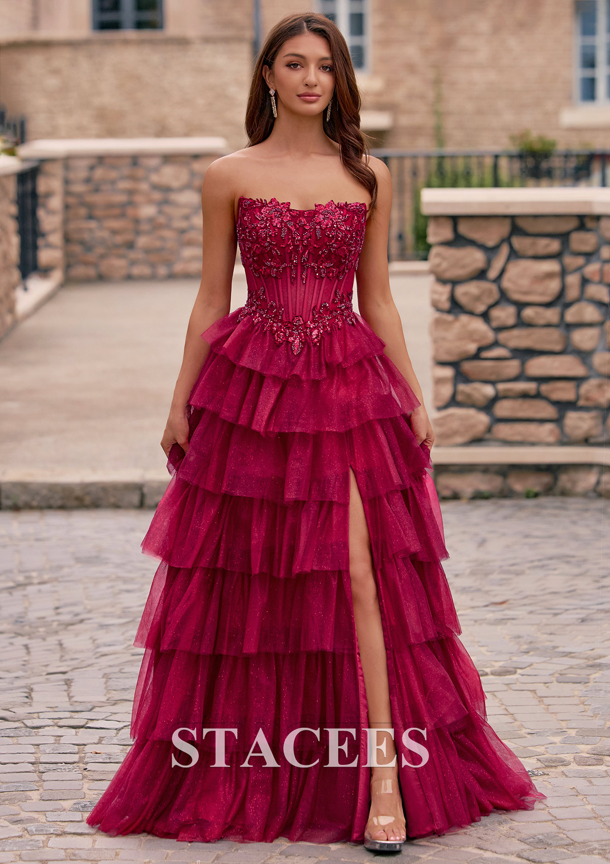 Burgundy A-line Strapless Embellished Corset Tiered Ruffle Glitter Tulle Prom Dress with Slit - STACEES