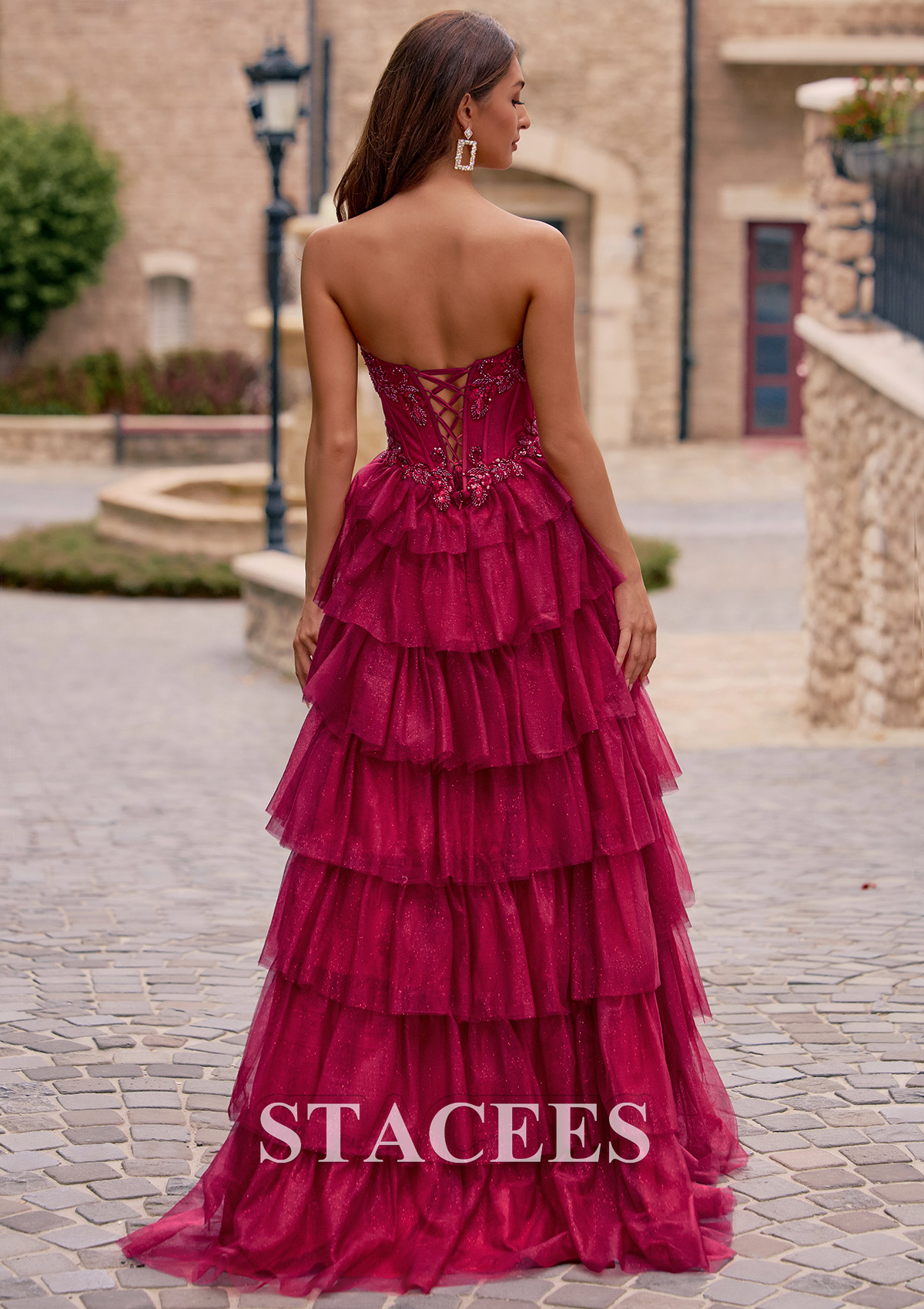 Burgundy A-line Strapless Embellished Corset Tiered Ruffle Glitter Tulle Prom Dress with Slit - STACEES