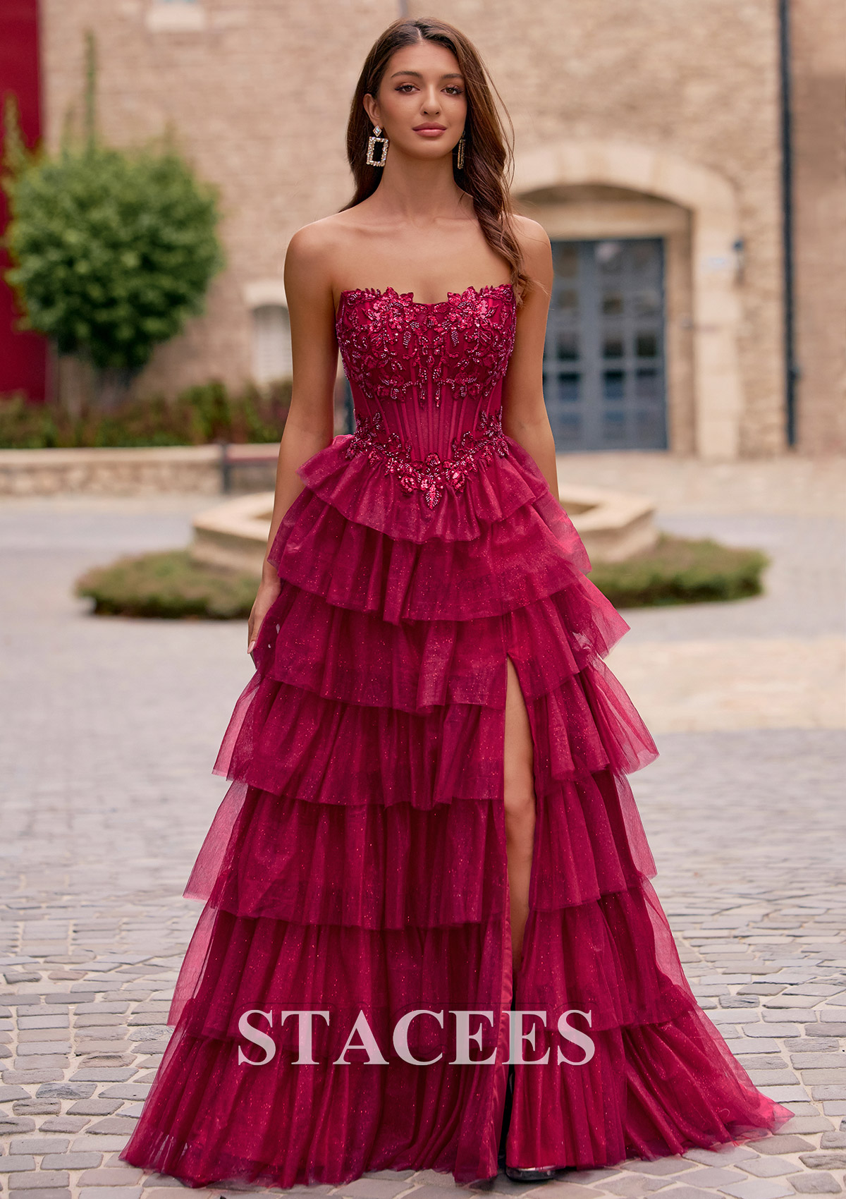 Burgundy A-line Strapless Embellished Corset Tiered Ruffle Glitter Tulle Prom Dress with Slit - STACEES