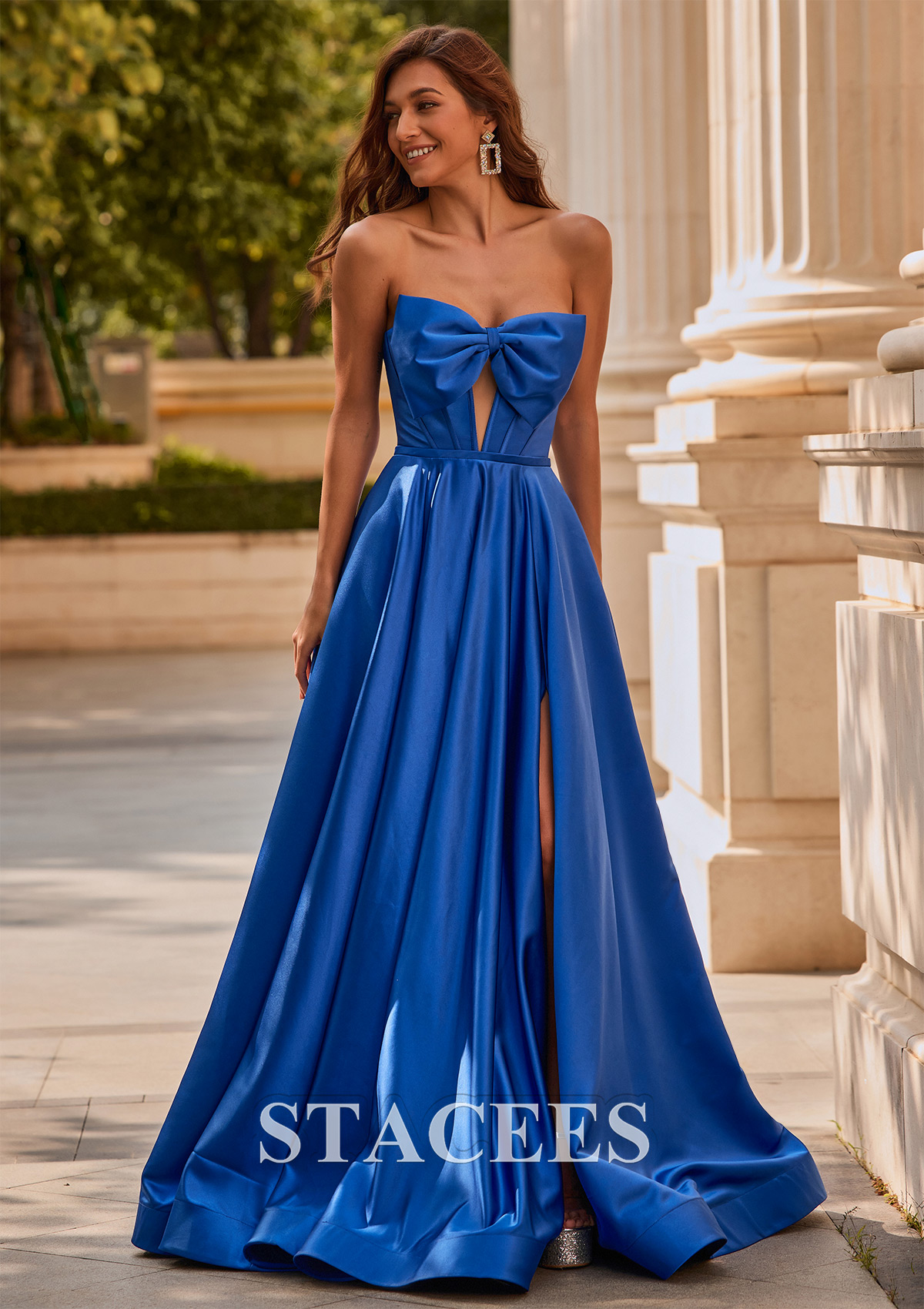 Ocean Blue A-line Strapless Bow Corset Satin Sweep Train Slit Prom Dress - STACEES
