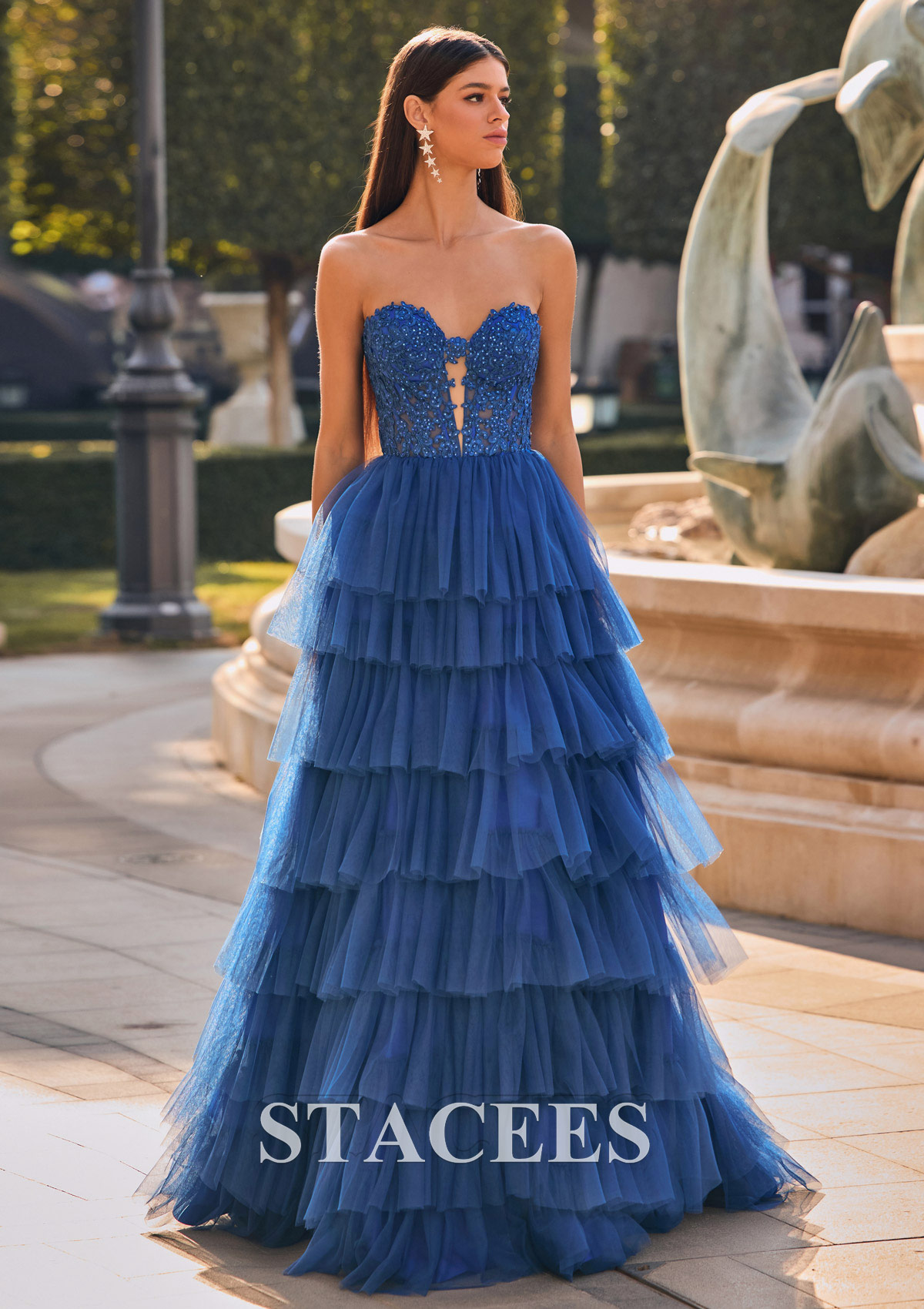 As Picture A-line Sweetheart Tulle Sweep Train Prom Dress with Appliqued Beading Ruffles - STACEES