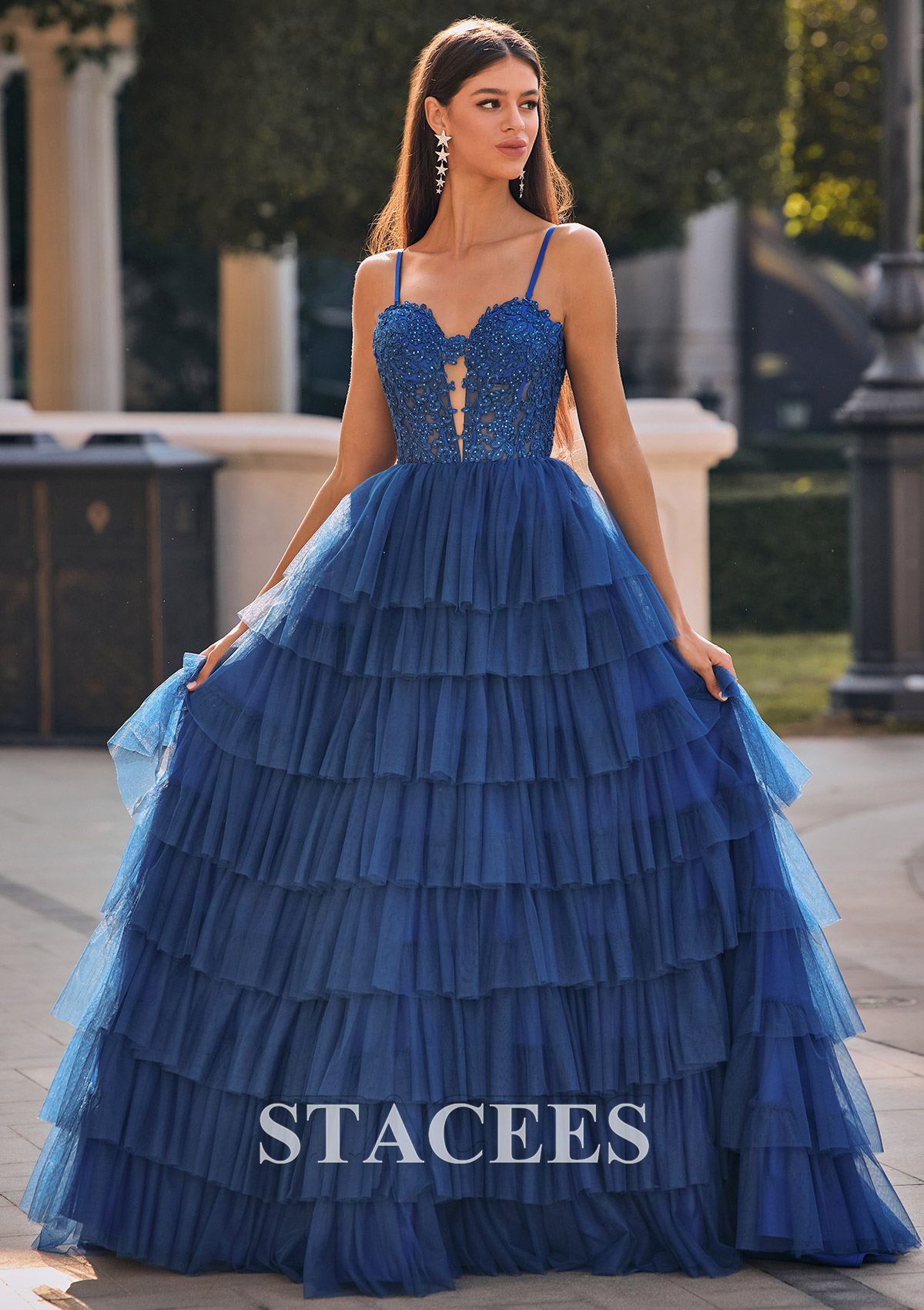 As Picture A-line Sweetheart Tulle Sweep Train Prom Dress with Appliqued Beading Ruffles - STACEES