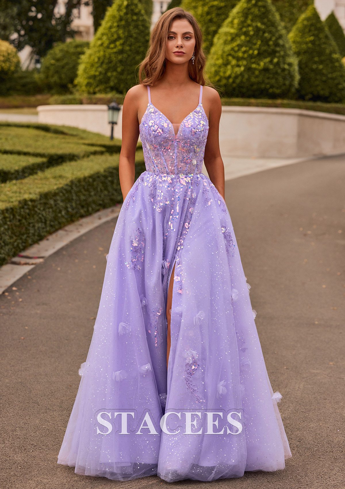Lavender Vestido línea a escote en v tul hasta el suelo vestido de graduación - STACEES