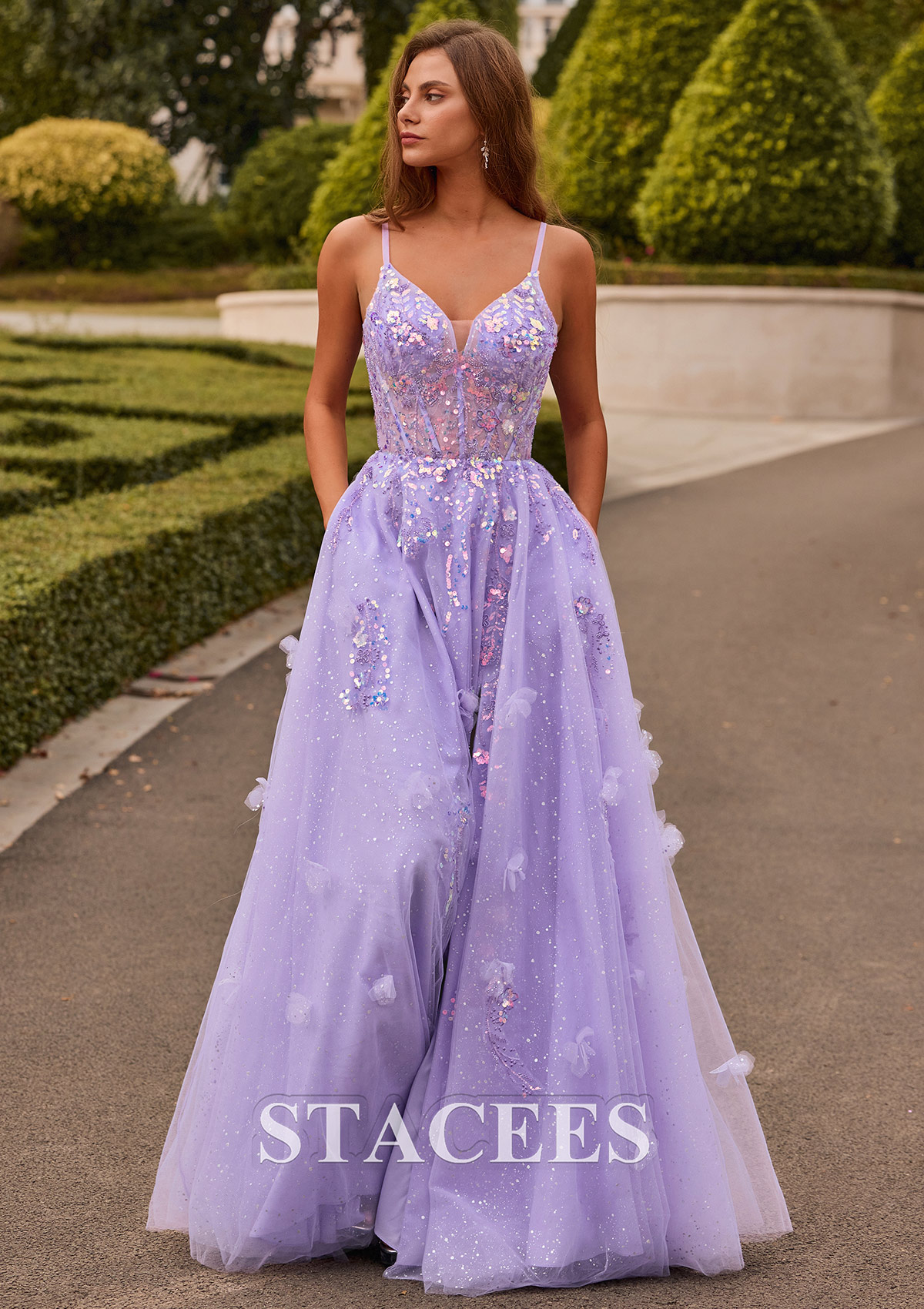 Lavender Vestido línea a escote en v tul hasta el suelo vestido de graduación - STACEES
