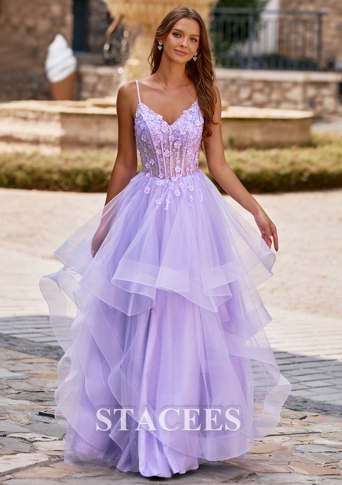 Lilac Spaghetti Strap A-Line Floral Embroidery Corset Ruffled Prom Dress - STACEES