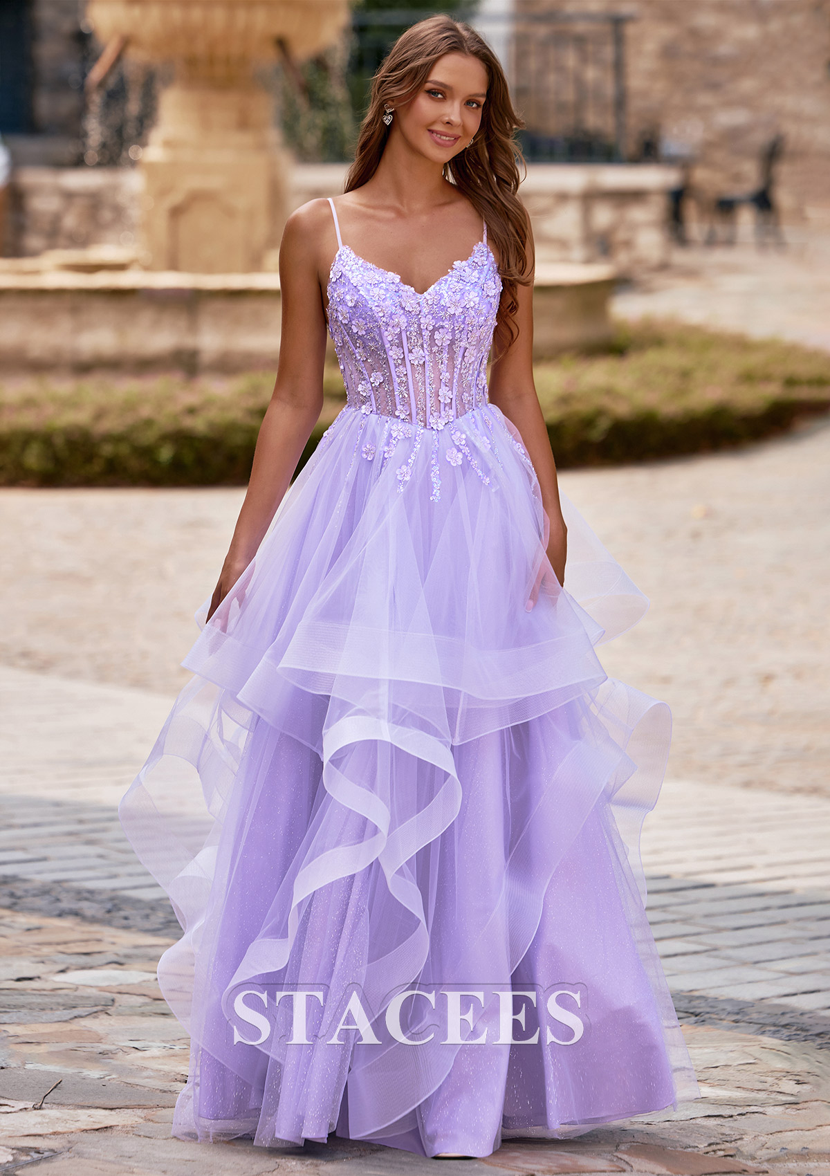 Lilac Spaghetti Strap A-Line Floral Embroidery Corset Ruffled Prom Dress - STACEES