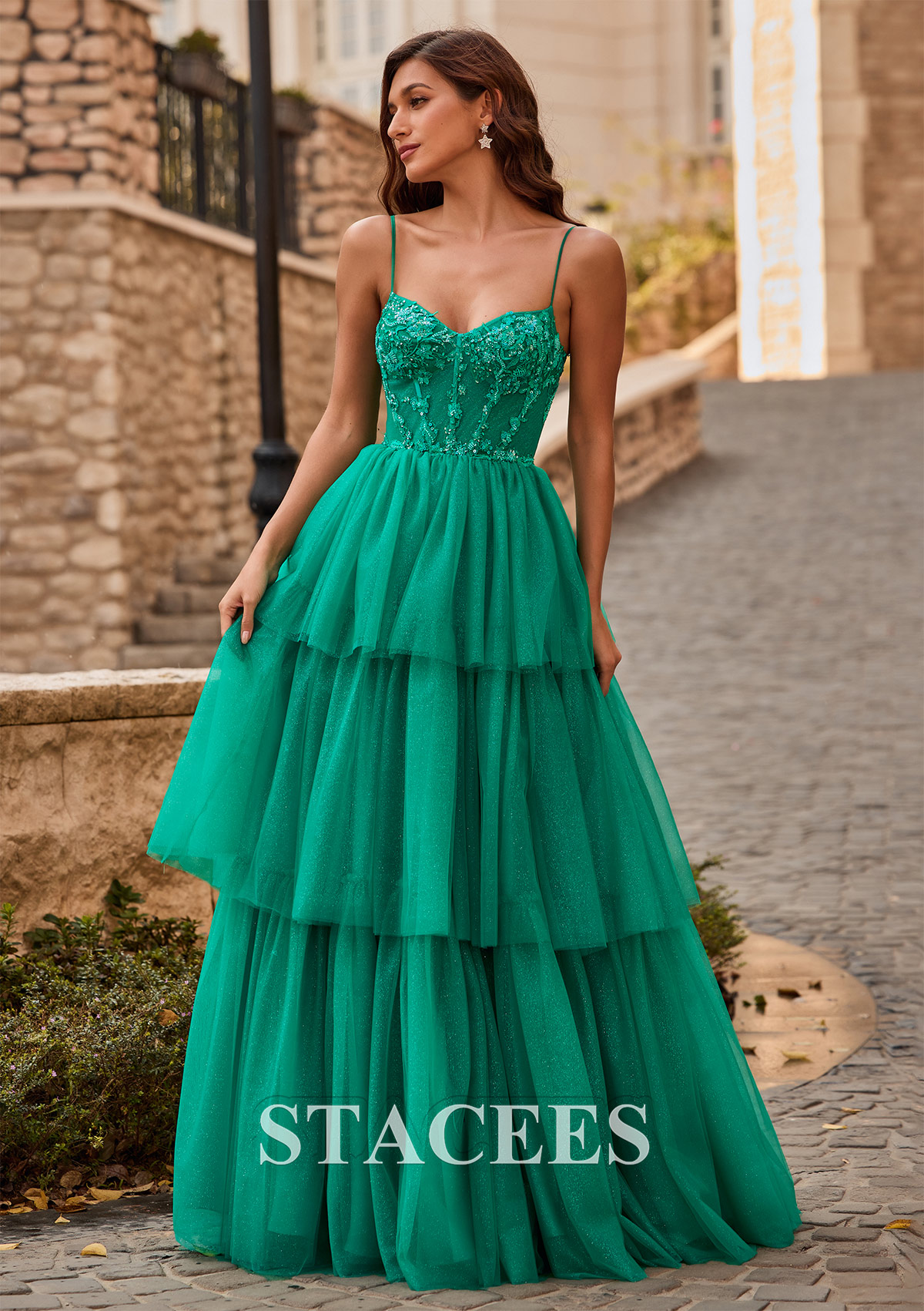 Hunter Green A-line Tiered Ruffle Sequin-Embroidery Corset Glitter Prom Dress - STACEES