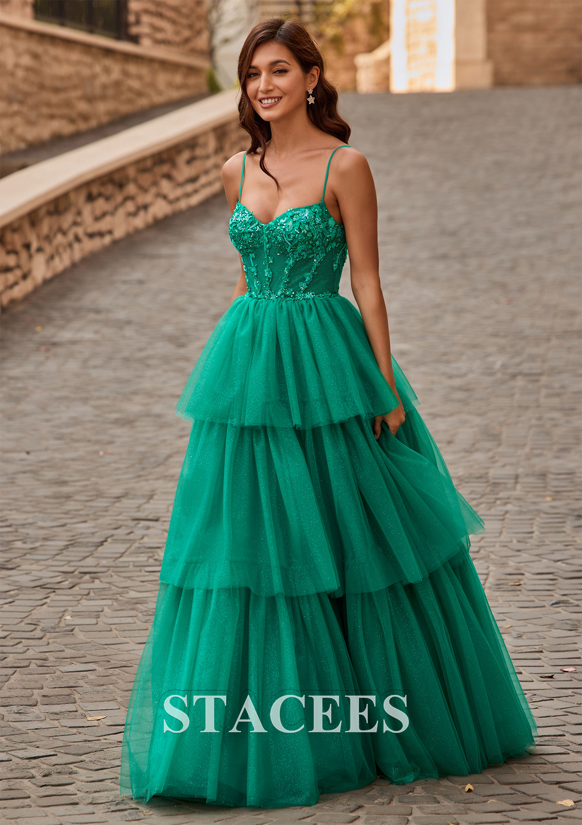 Hunter Green A-line Tiered Ruffle Sequin-Embroidery Corset Glitter Prom Dress - STACEES