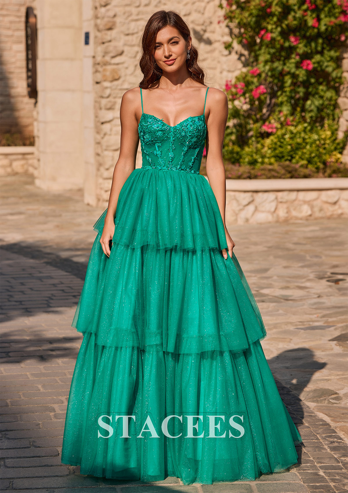 Hunter Green A-line Tiered Ruffle Sequin-Embroidery Corset Glitter Prom Dress - STACEES